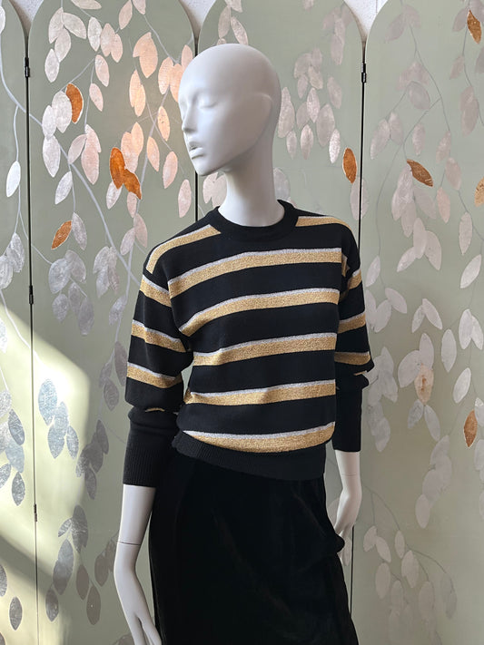 Vintage 1970s Black and Gold Stripe Long Sleeve Knit Top