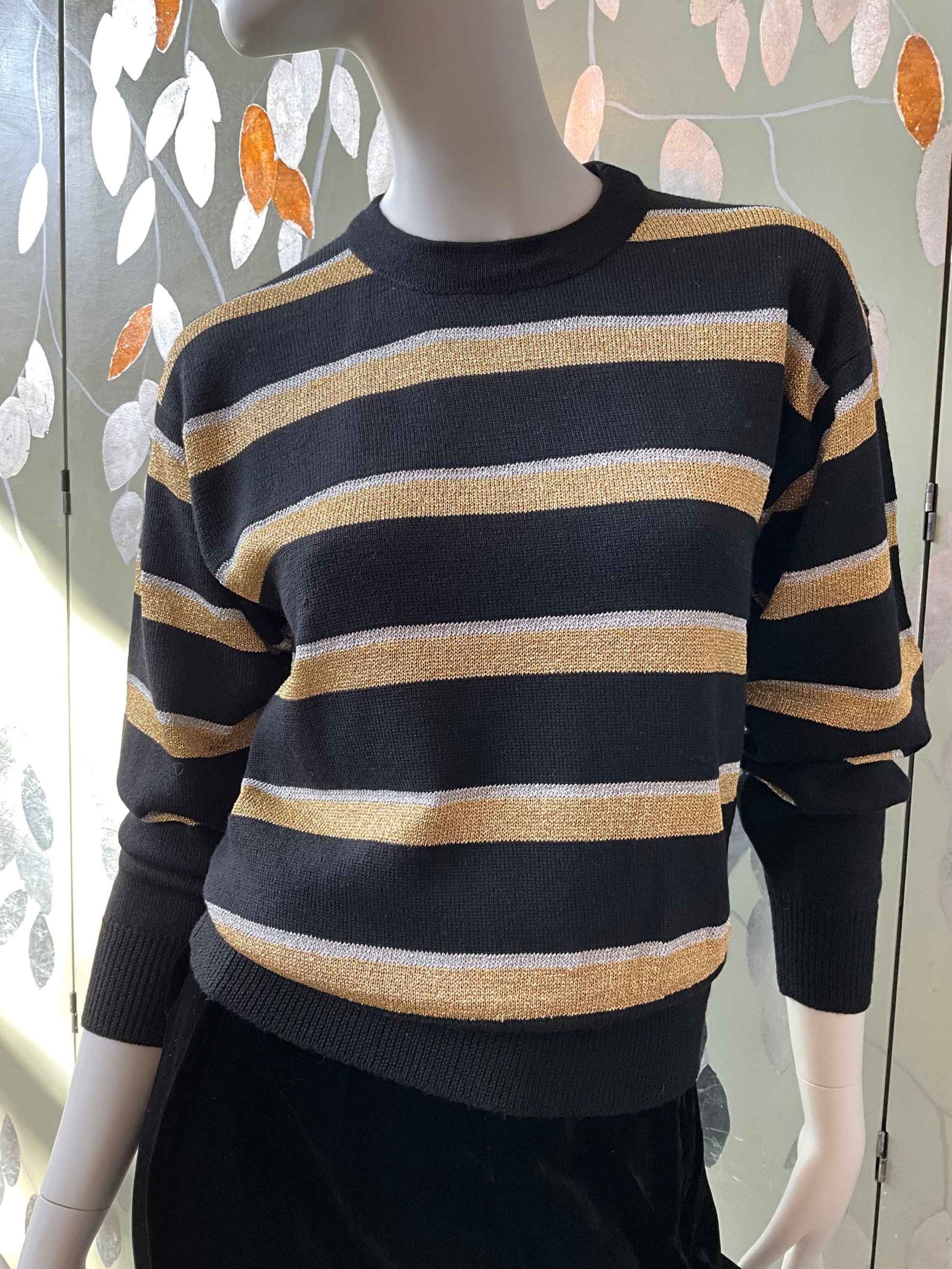 Vintage 1970s Black and Gold Stripe Long Sleeve Knit Top