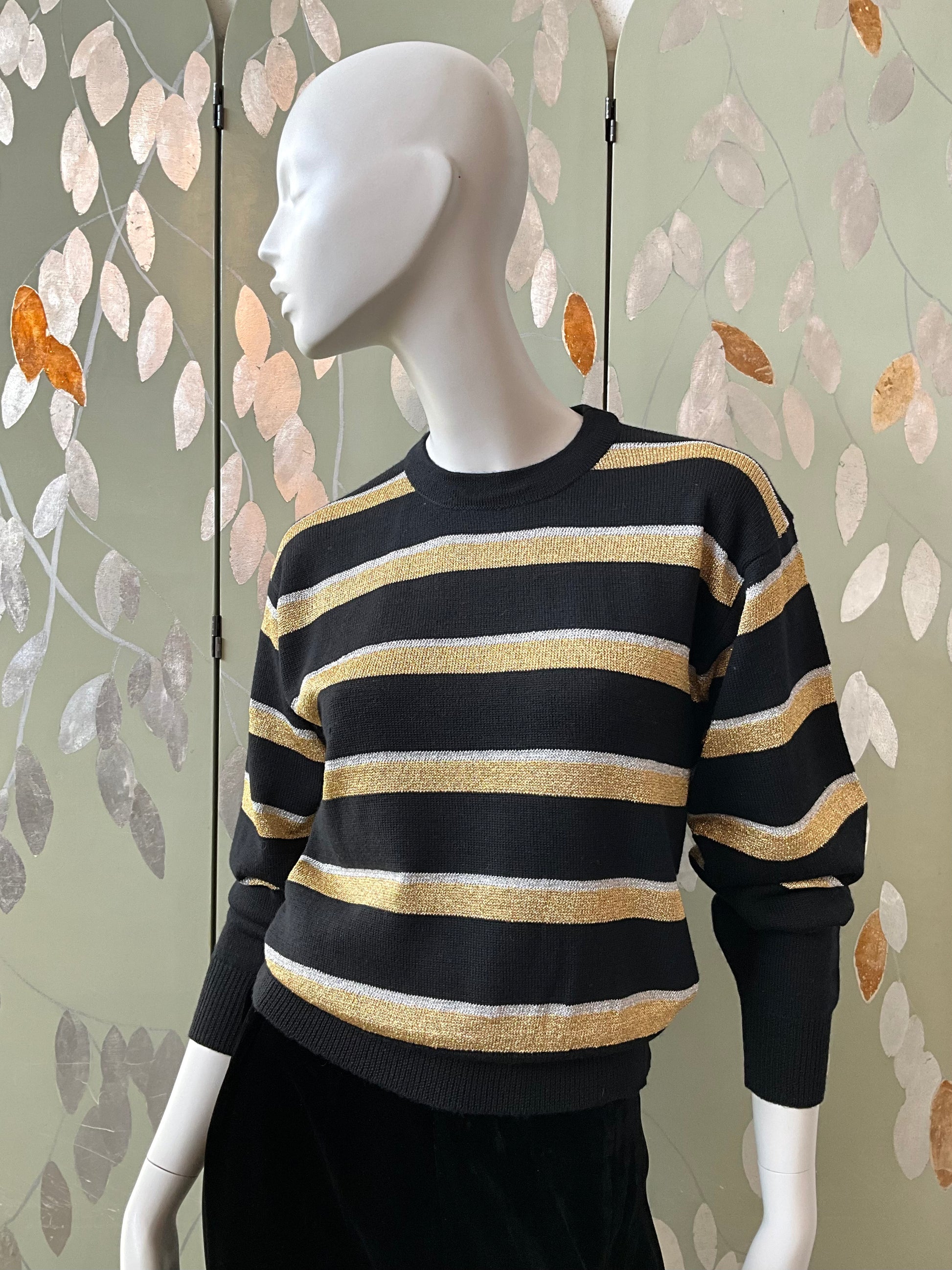 Vintage 1970s Black and Gold Stripe Long Sleeve Knit Top