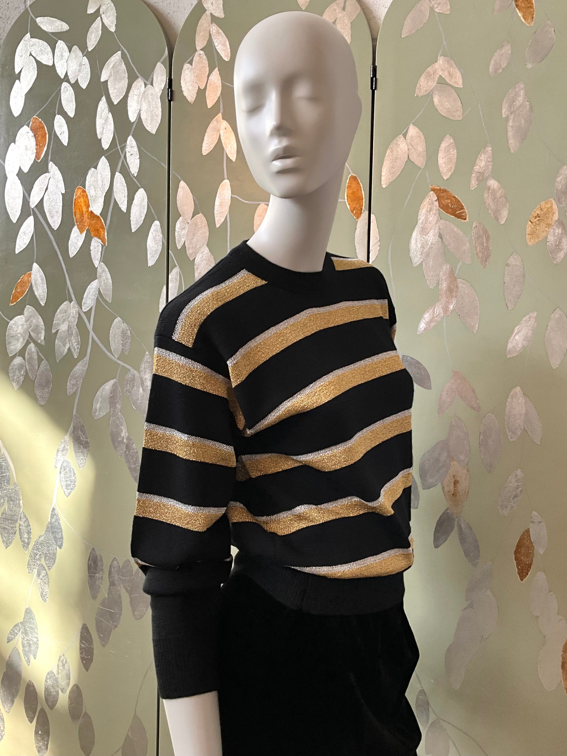 Vintage 1970s Black and Gold Stripe Long Sleeve Knit Top