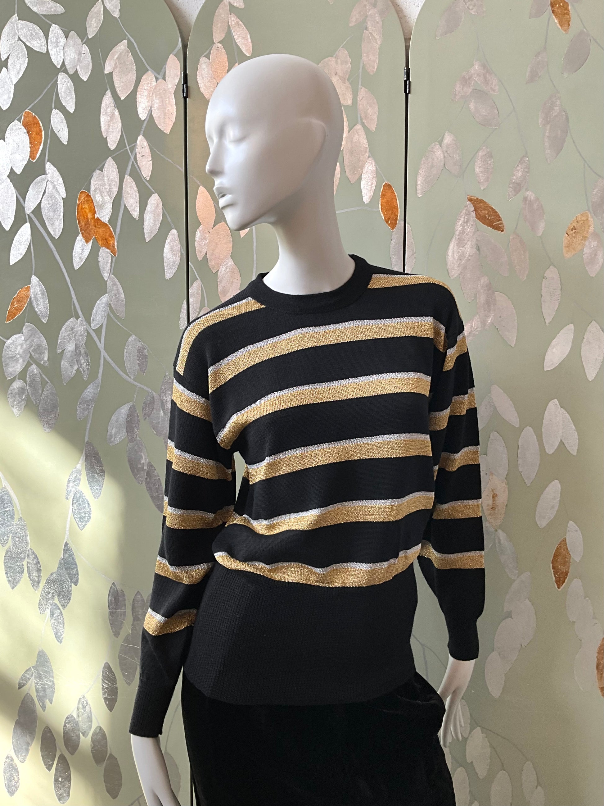 Vintage 1970s Black and Gold Stripe Long Sleeve Knit Top