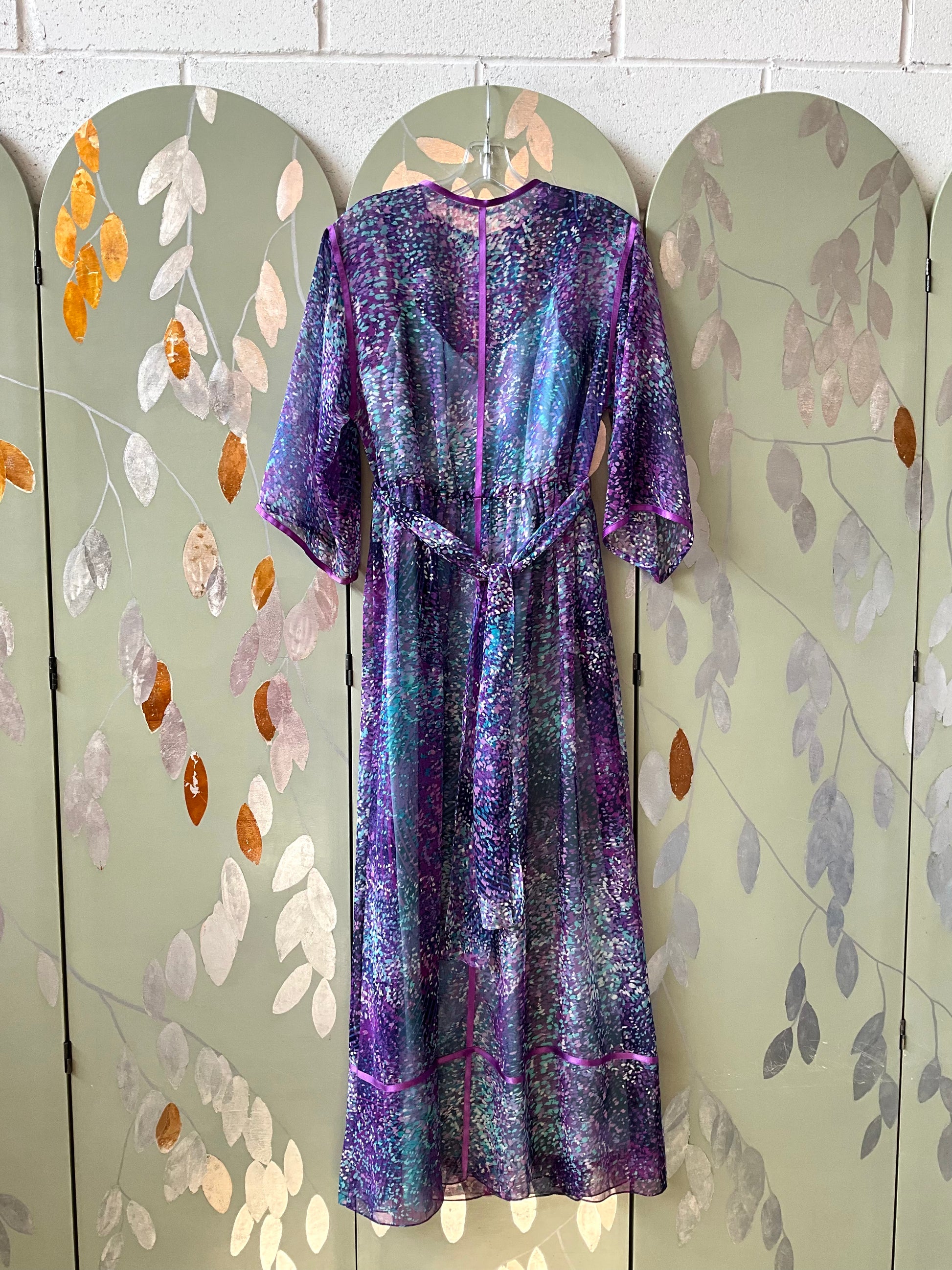 Vintage 1970s Purple and Blue Printed Chiffon Maxi Dress, Small