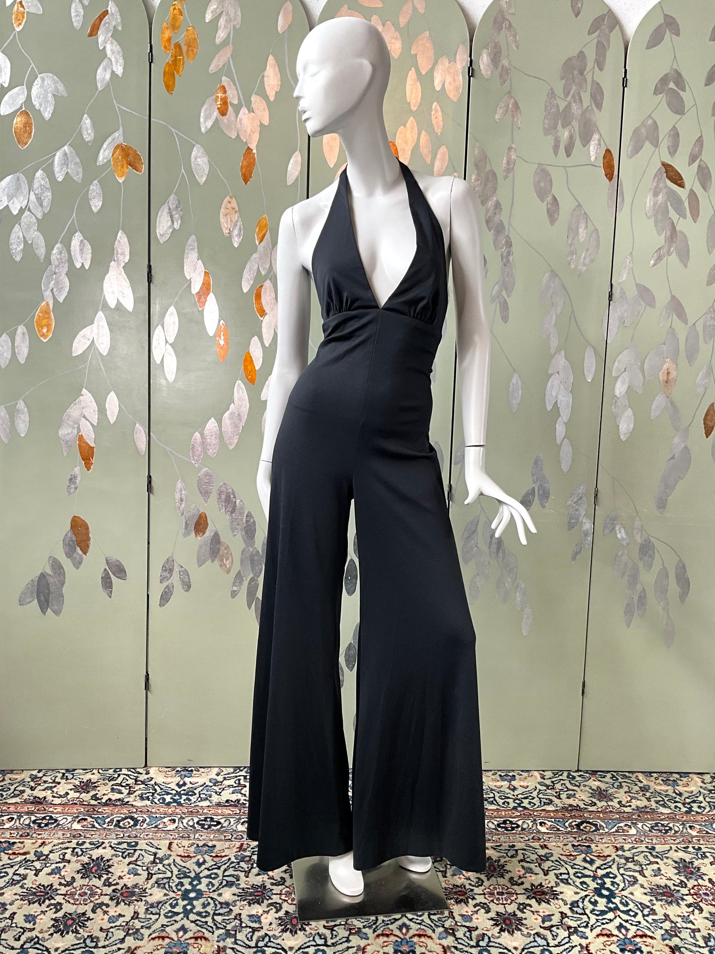 Vintage 1970s Black Flared Halter Jumpsuit and Lace Wrap Top Set, Medium  