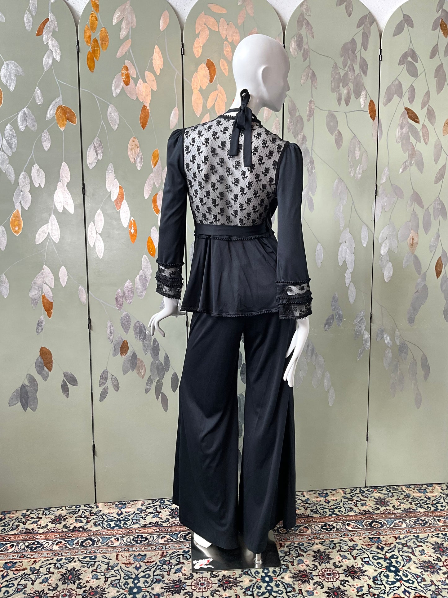 Vintage 1970s Black Flared Halter Jumpsuit and Lace Wrap Top Set, Medium  