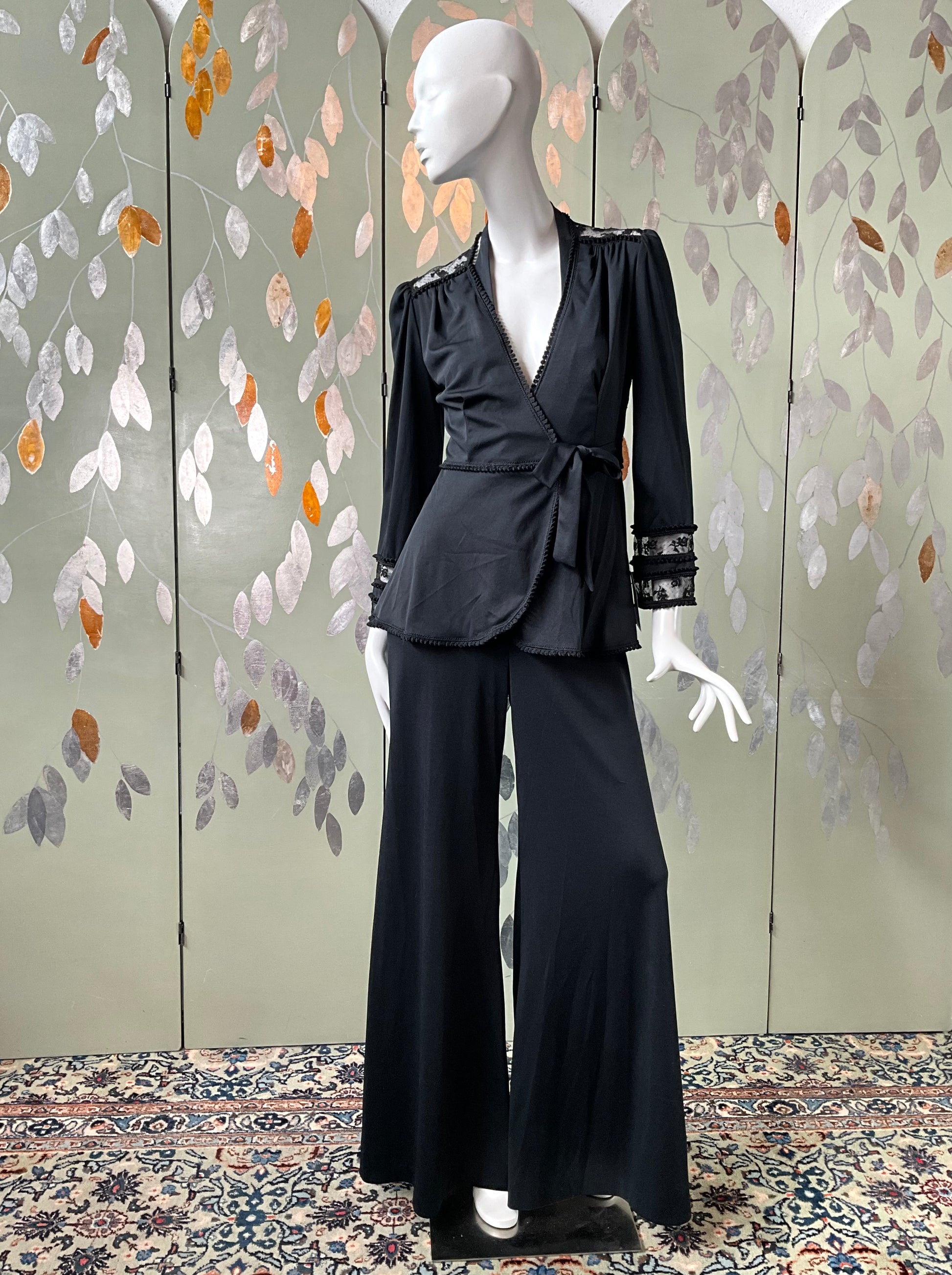 Vintage 1970s Black Flared Halter Jumpsuit and Lace Wrap Top Set, Medium  