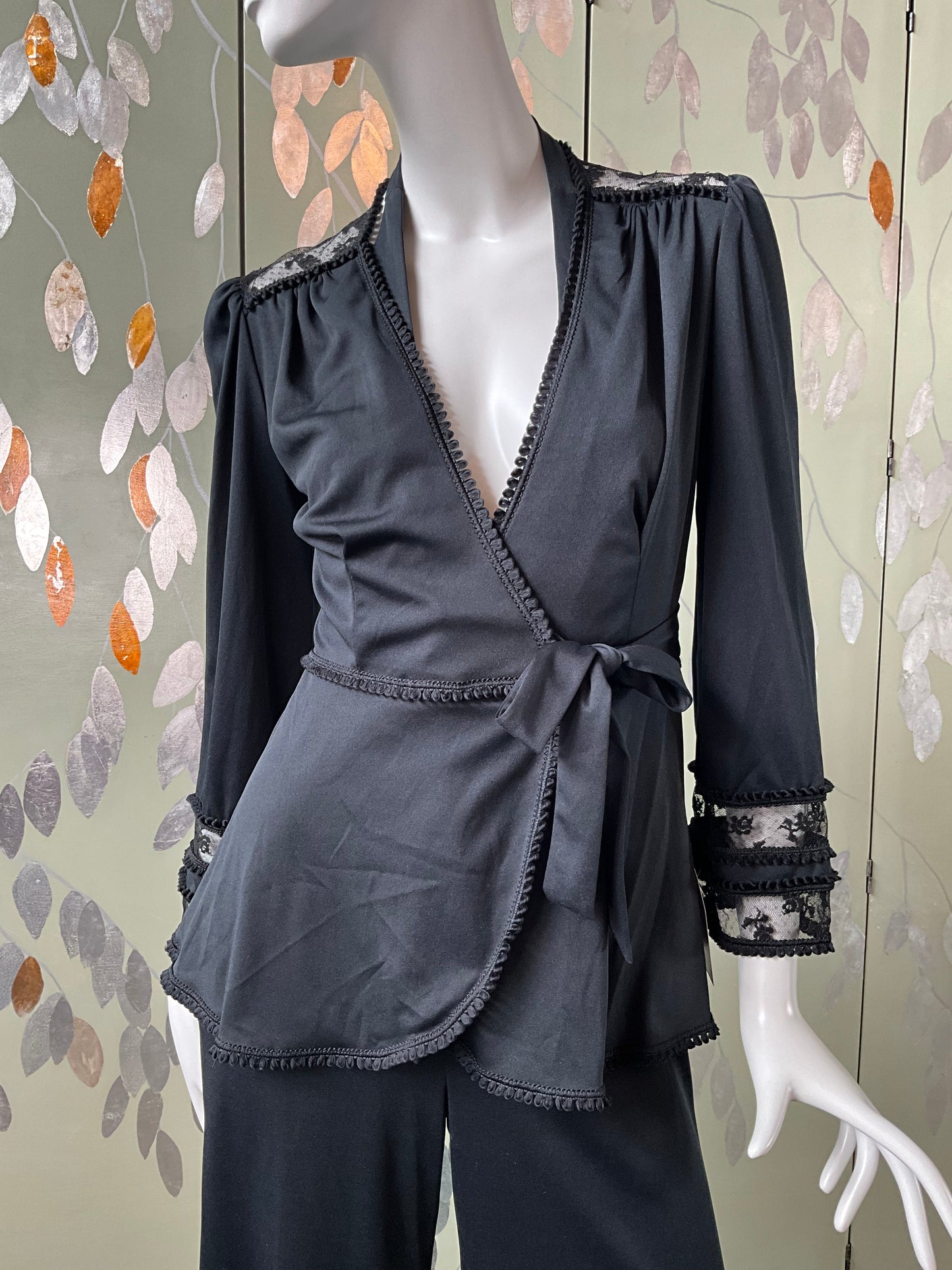 Vintage 1970s Black Flared Halter Jumpsuit and Lace Wrap Top Set, Medium  