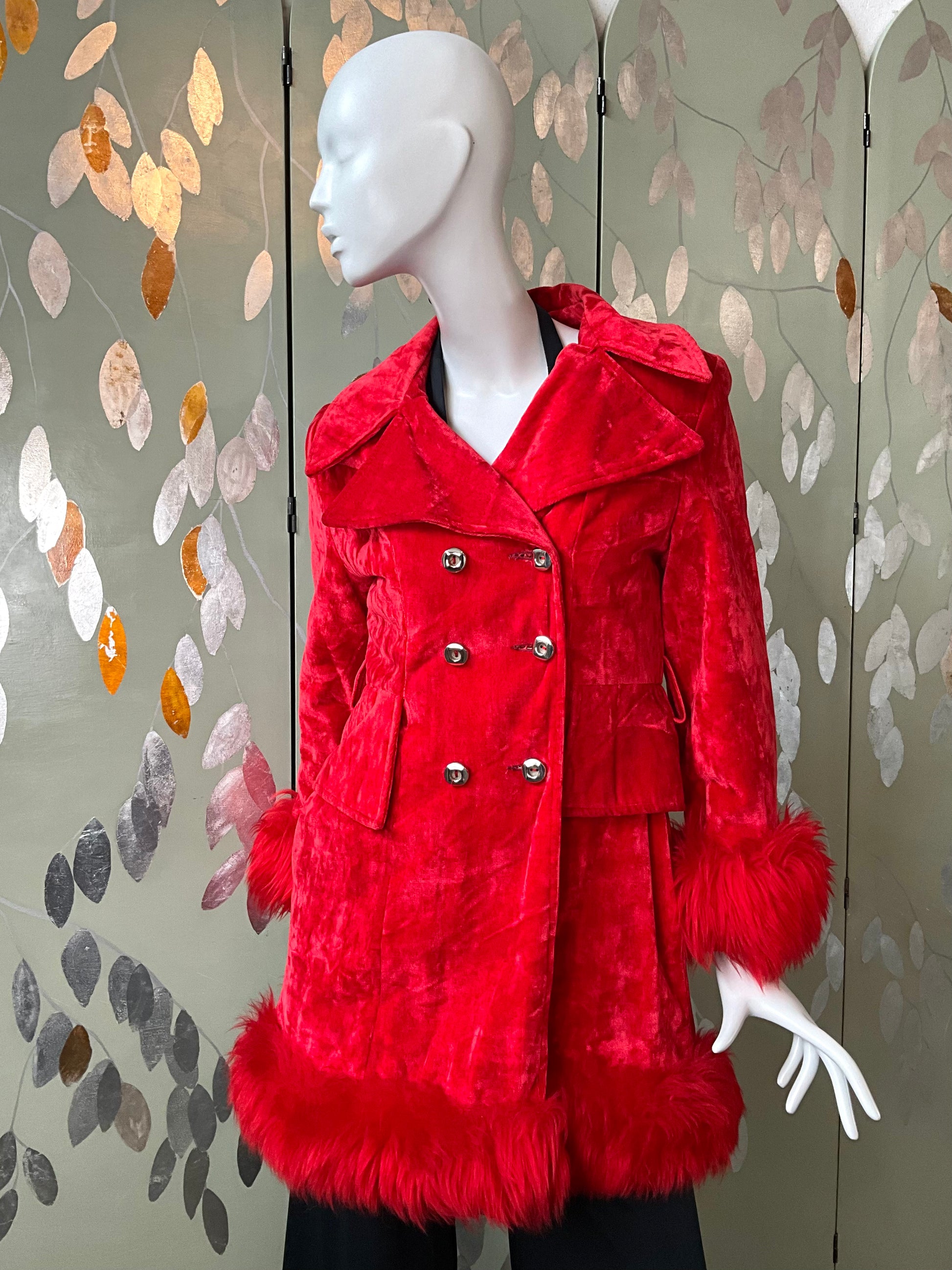 Vintage 1970s Red Velvet Faux Fur Trim Coat with Flower Belt Buckle, XS 