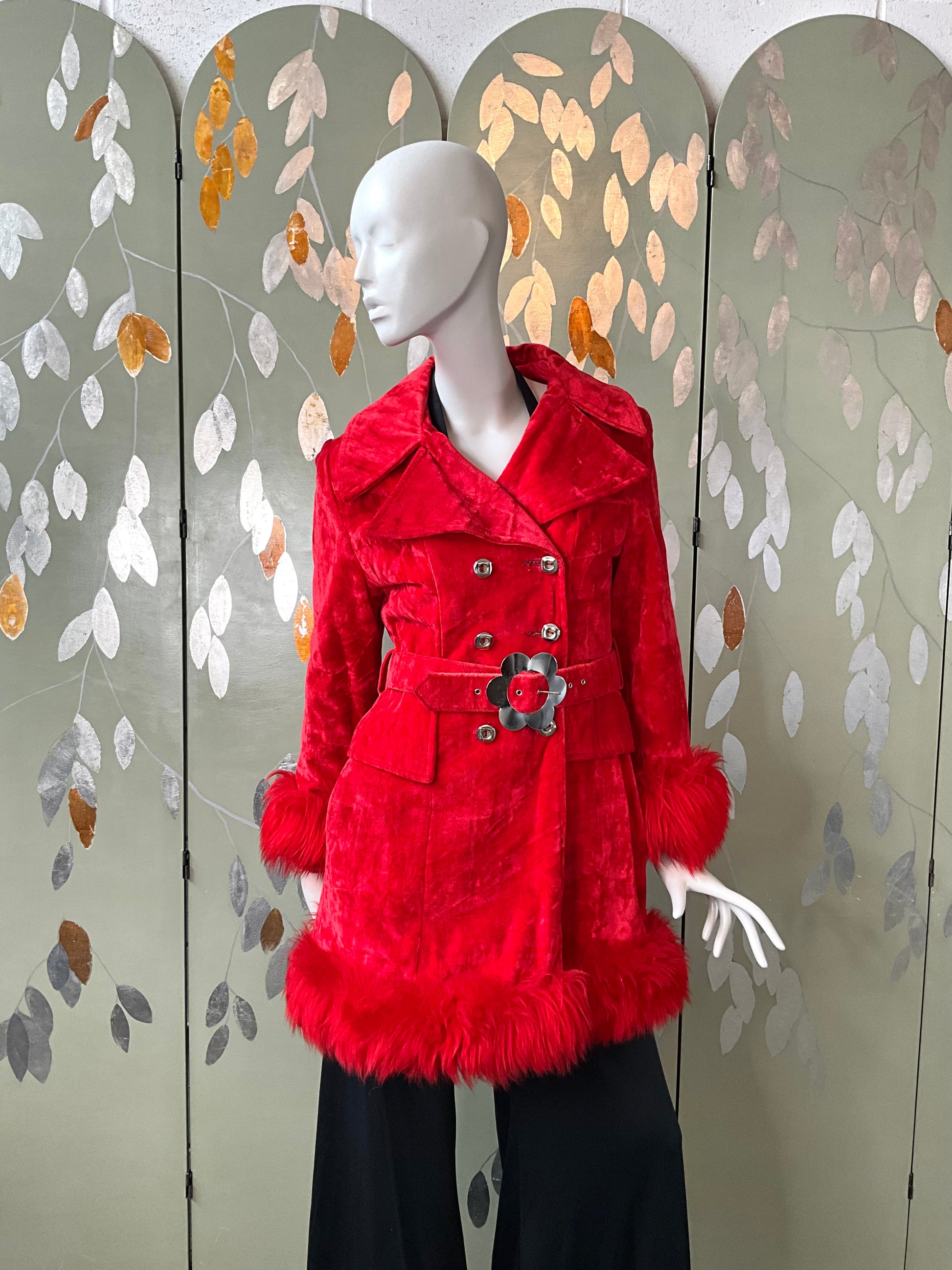 Vintage 1970s Red Velvet Faux Fur Trim Coat with Flower Belt Buckle, XS 