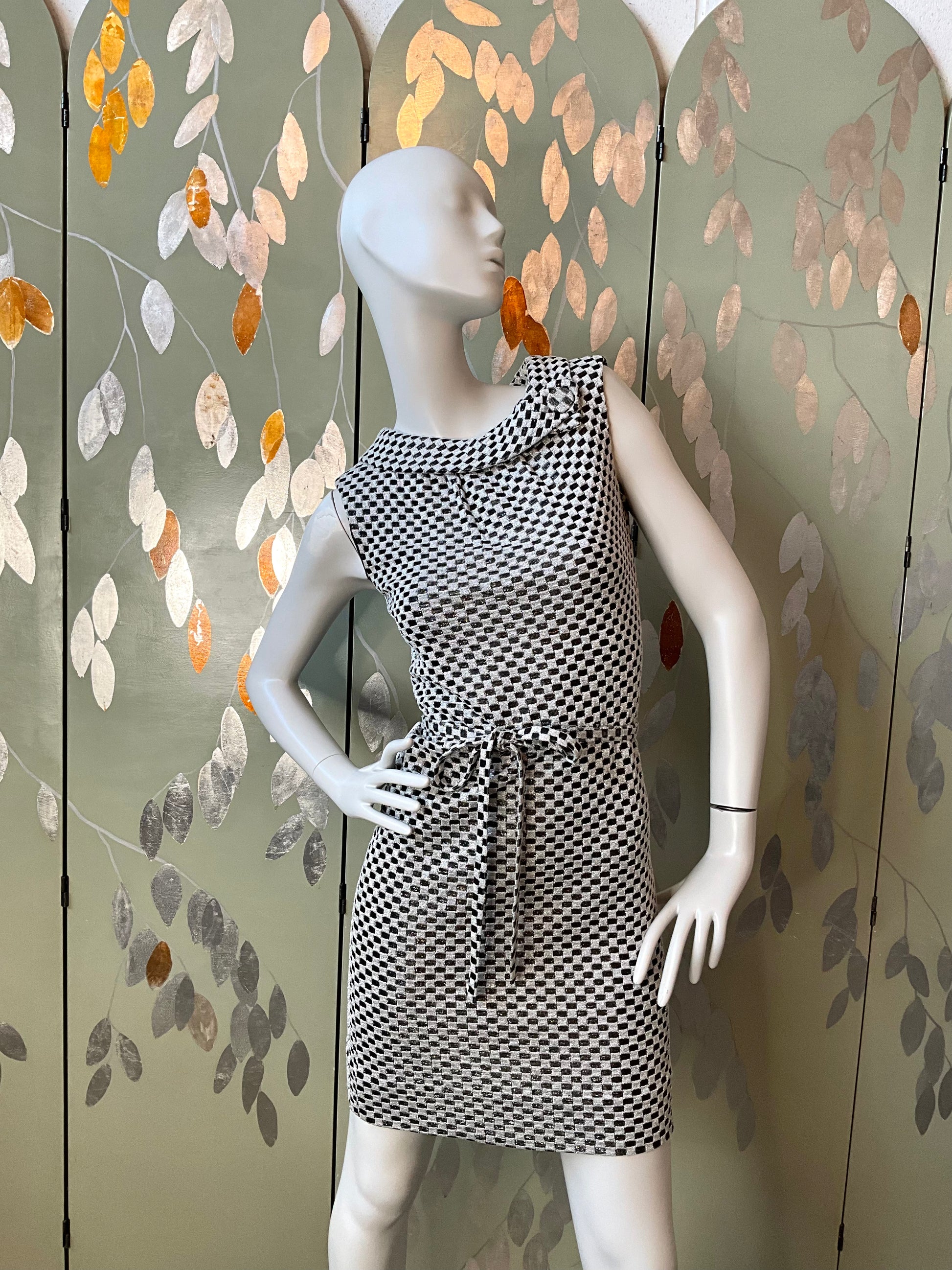 Vintage 1970s Silver and Black Check Sleeveless Mini-Dress, Small Vintage 1970s Silver and Black Check Sleeveless Mini-Dress, Small