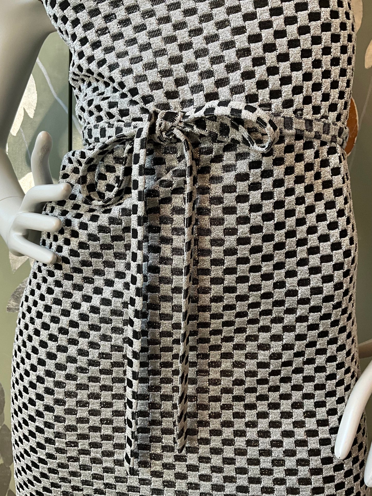 Vintage 1970s Silver and Black Check Sleeveless Mini-Dress, Small 