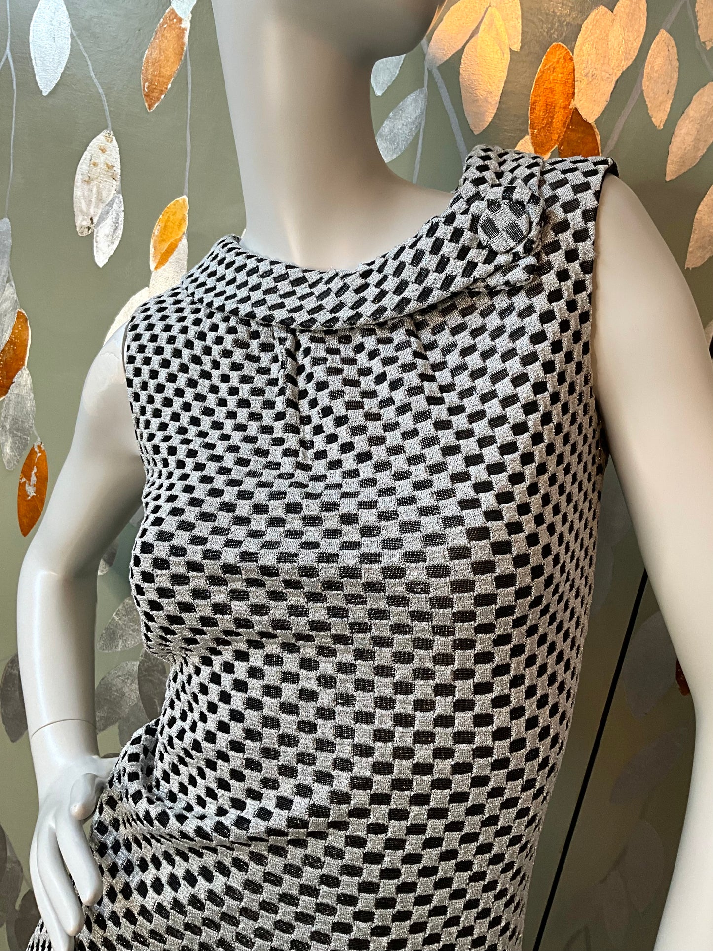 Vintage 1970s Silver and Black Check Sleeveless Mini-Dress, Small 