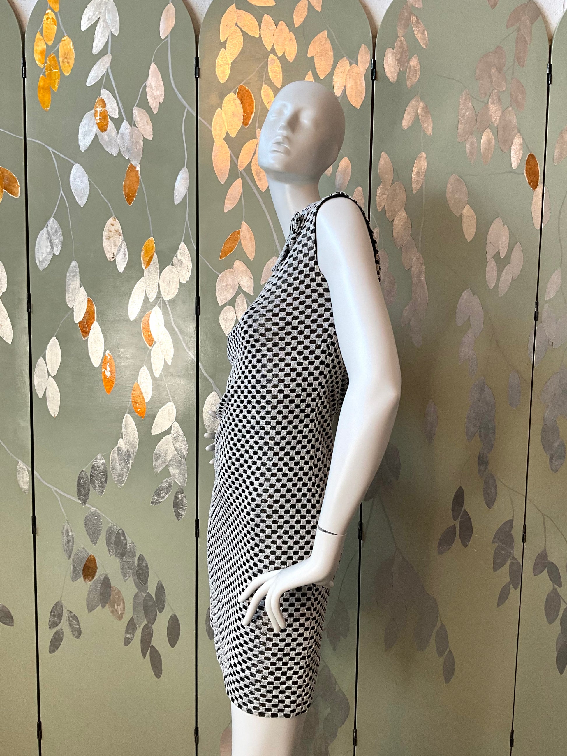 Vintage 1970s Silver and Black Check Sleeveless Mini-Dress, Small 