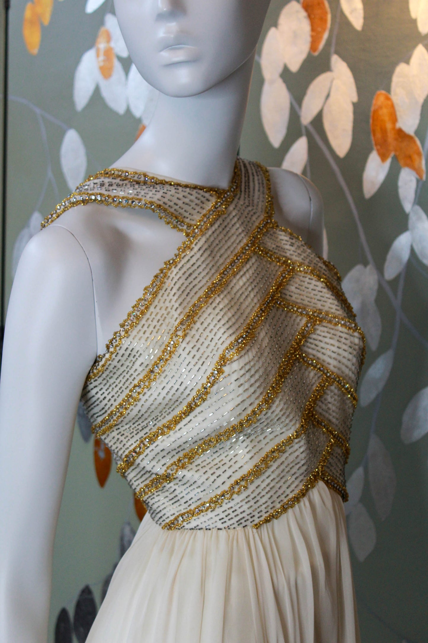 1960s Gold Beaded Cream Silk Chiffon Gown, Small