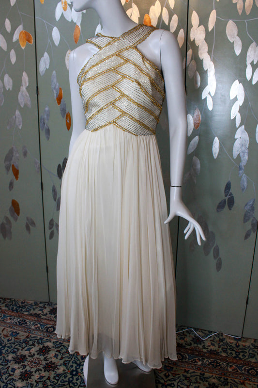 1960s Gold Beaded Cream Silk Chiffon Gown, Small
