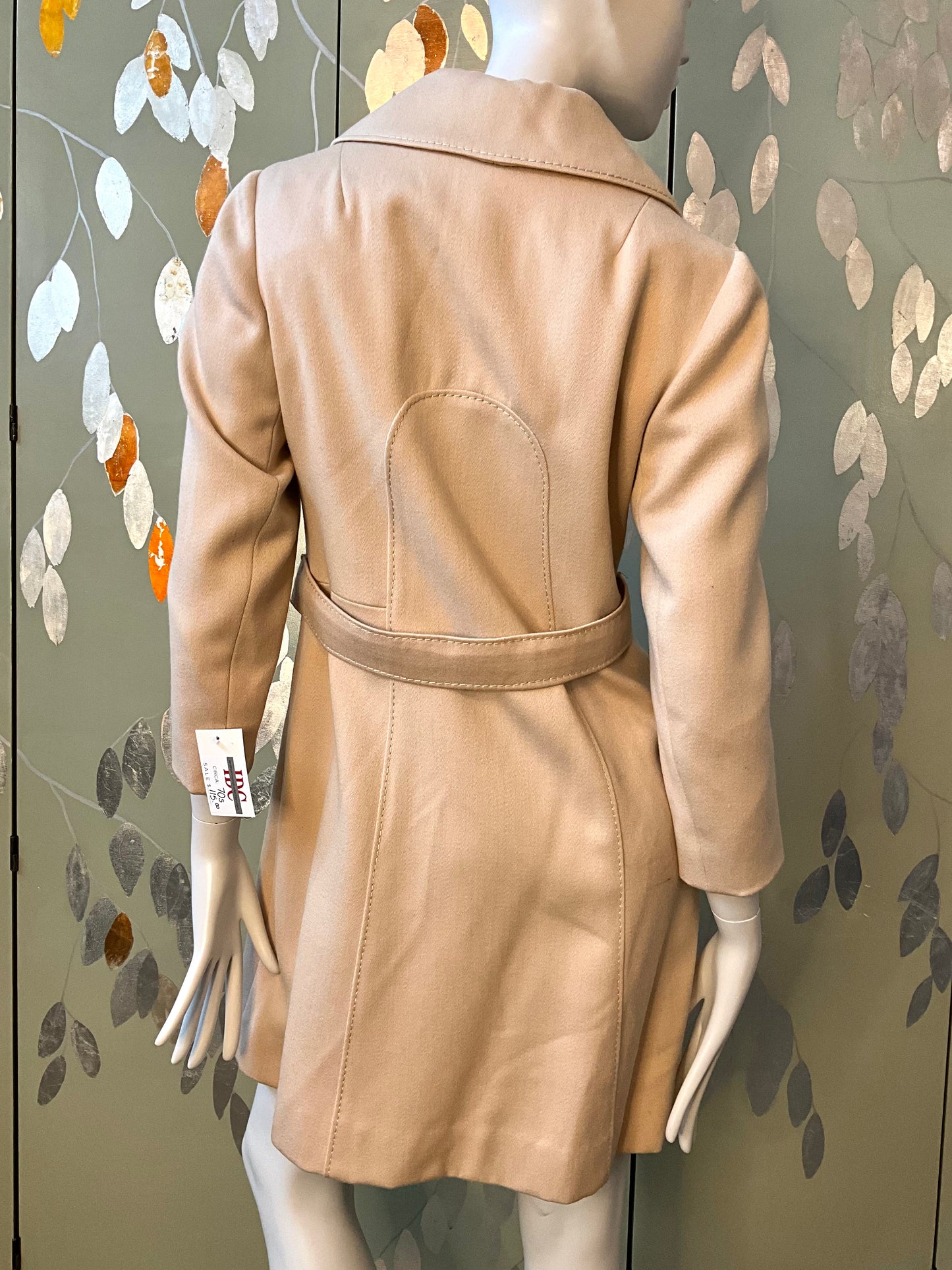 Vintage 1970s Beige Wool Double Breast Pea Coat with Gold Lion Head Belt, XS/S