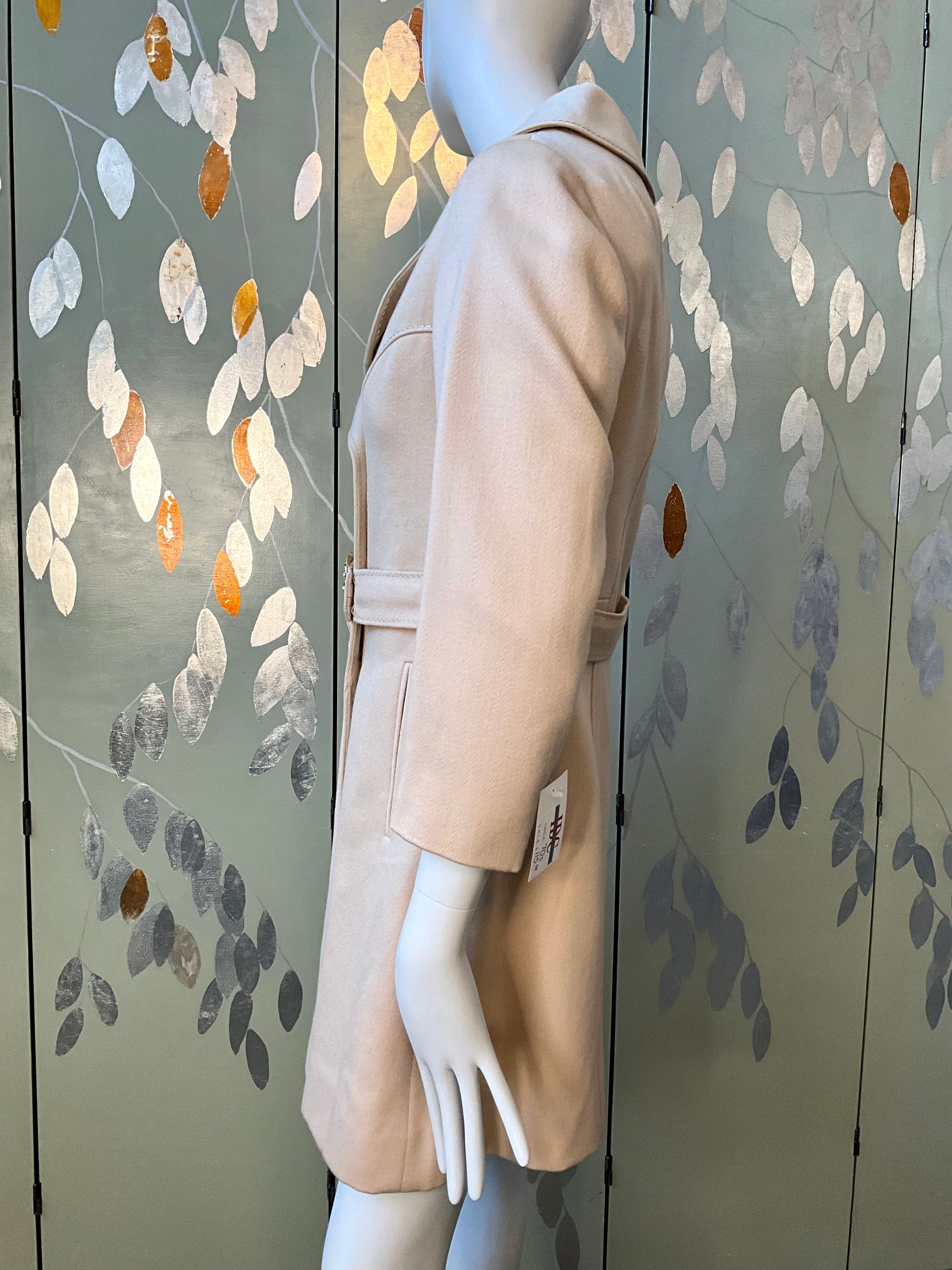 Vintage 1970s Beige Wool Double Breast Pea Coat with Gold Lion Head Belt, XS/S