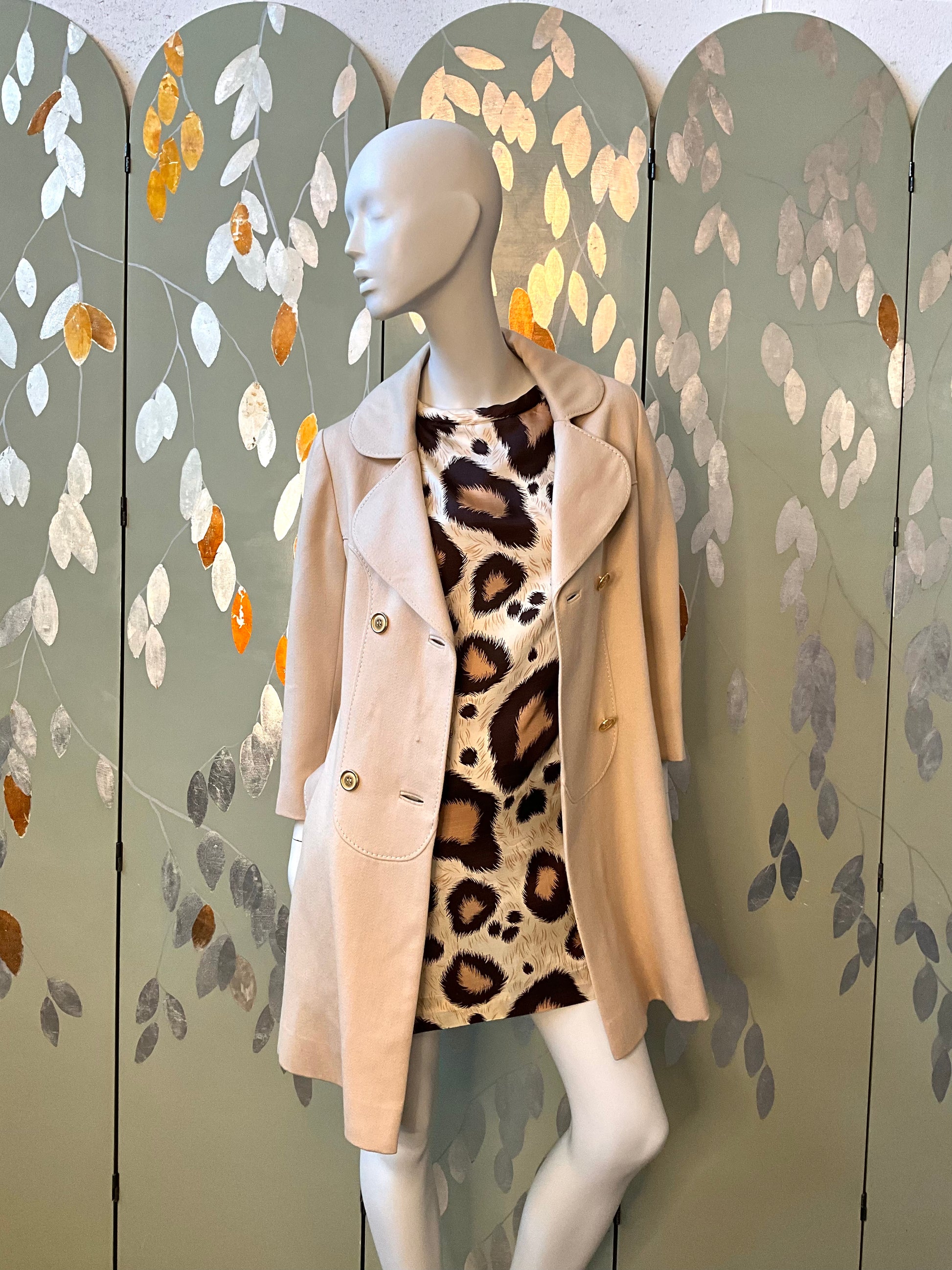 Vintage 1970s Beige Wool Double Breast Pea Coat with Gold Lion Head Belt, XS/S