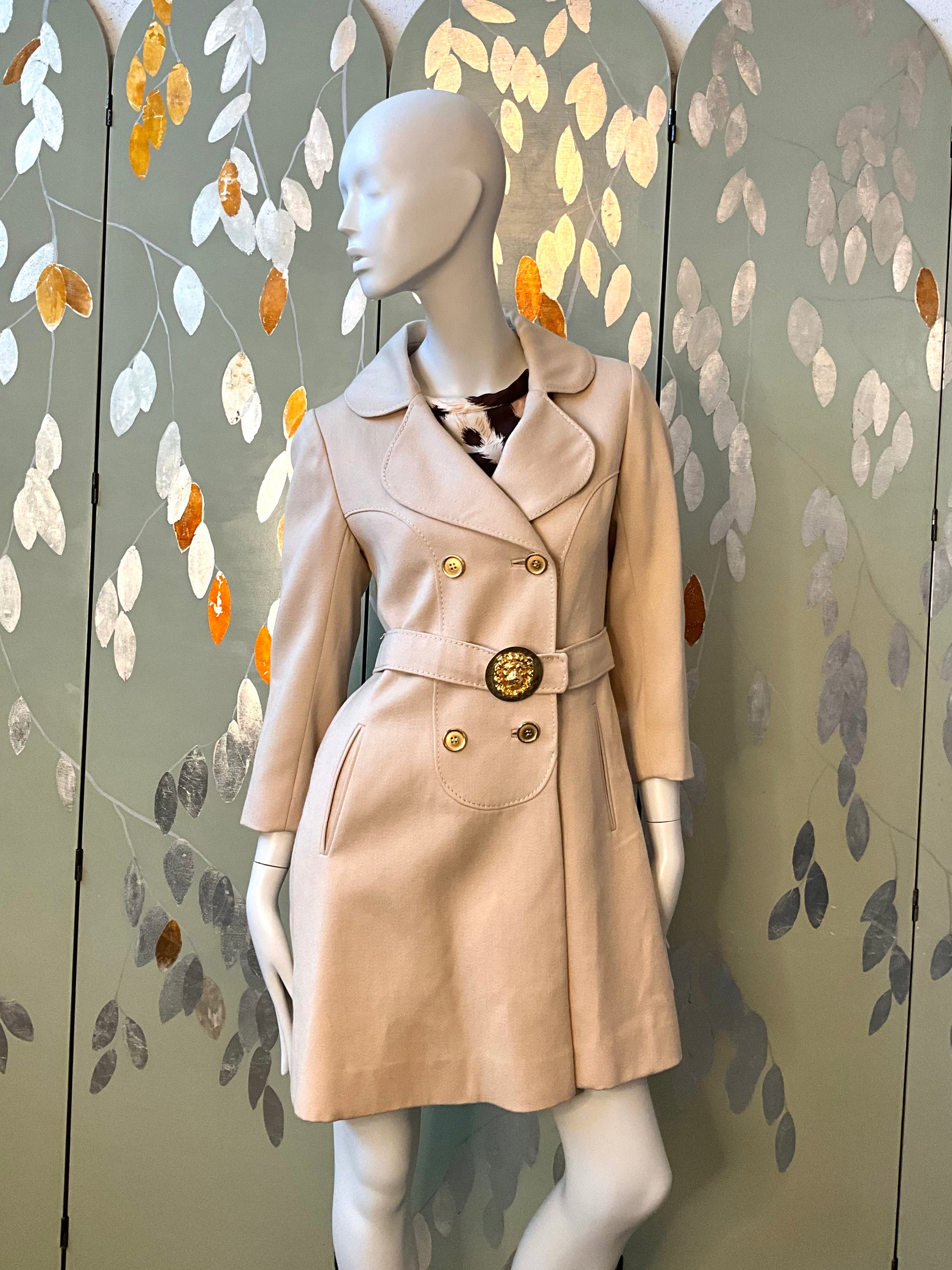 Vintage 1970s Beige Wool Double Breast Pea Coat with Gold Lion Head Belt, XS/S