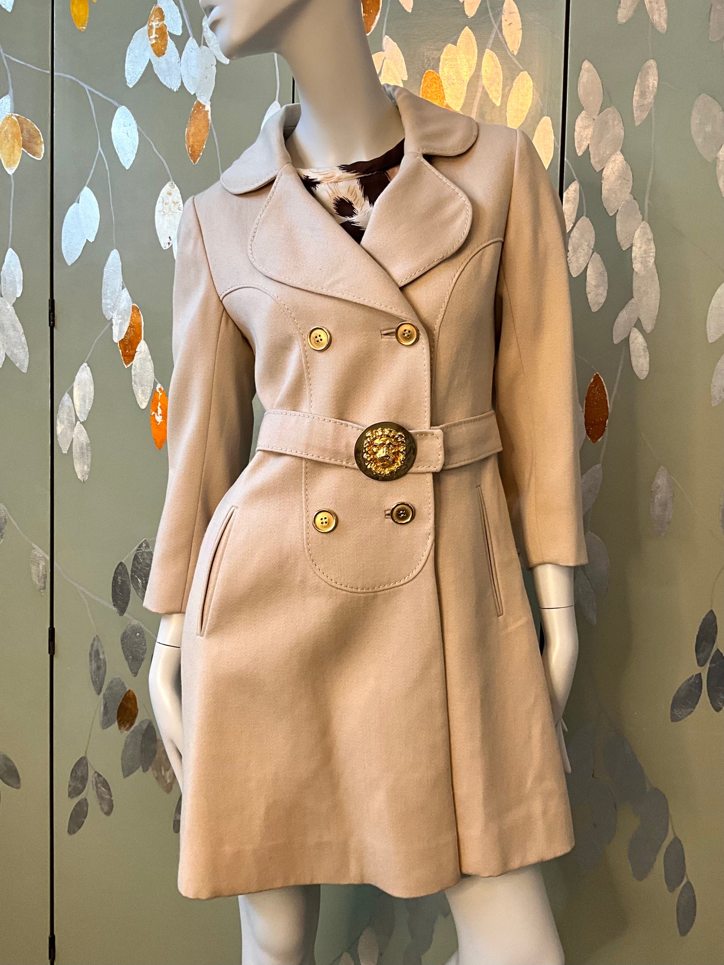 Vintage 1970s Beige Wool Double Breast Pea Coat with Gold Lion Head Belt, XS/S