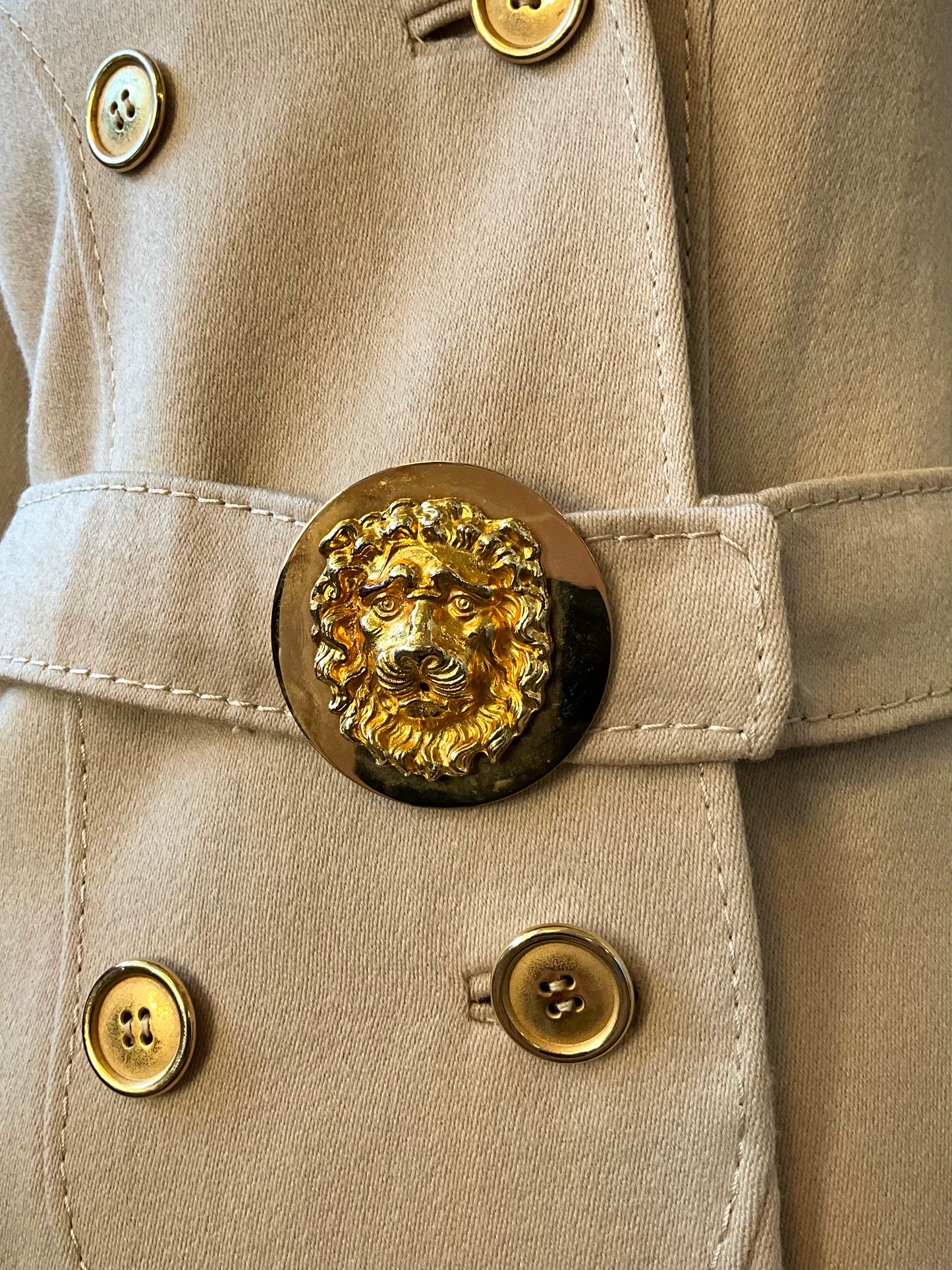 Vintage 1970s Beige Wool Double Breast Pea Coat with Gold Lion Head Belt, XS/S