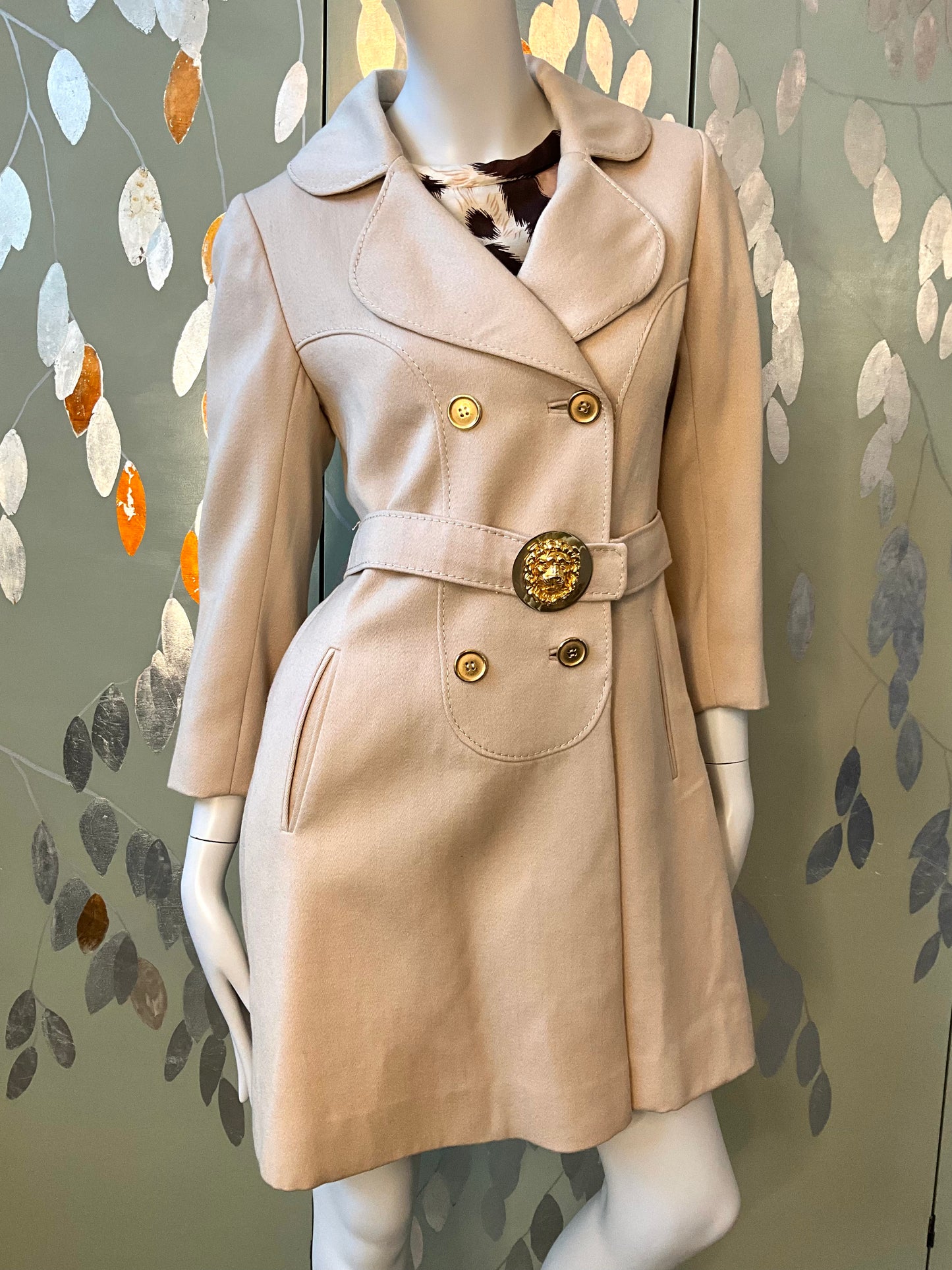 Vintage 1970s Beige Wool Double Breast Pea Coat with Gold Lion Head Belt, XS/S