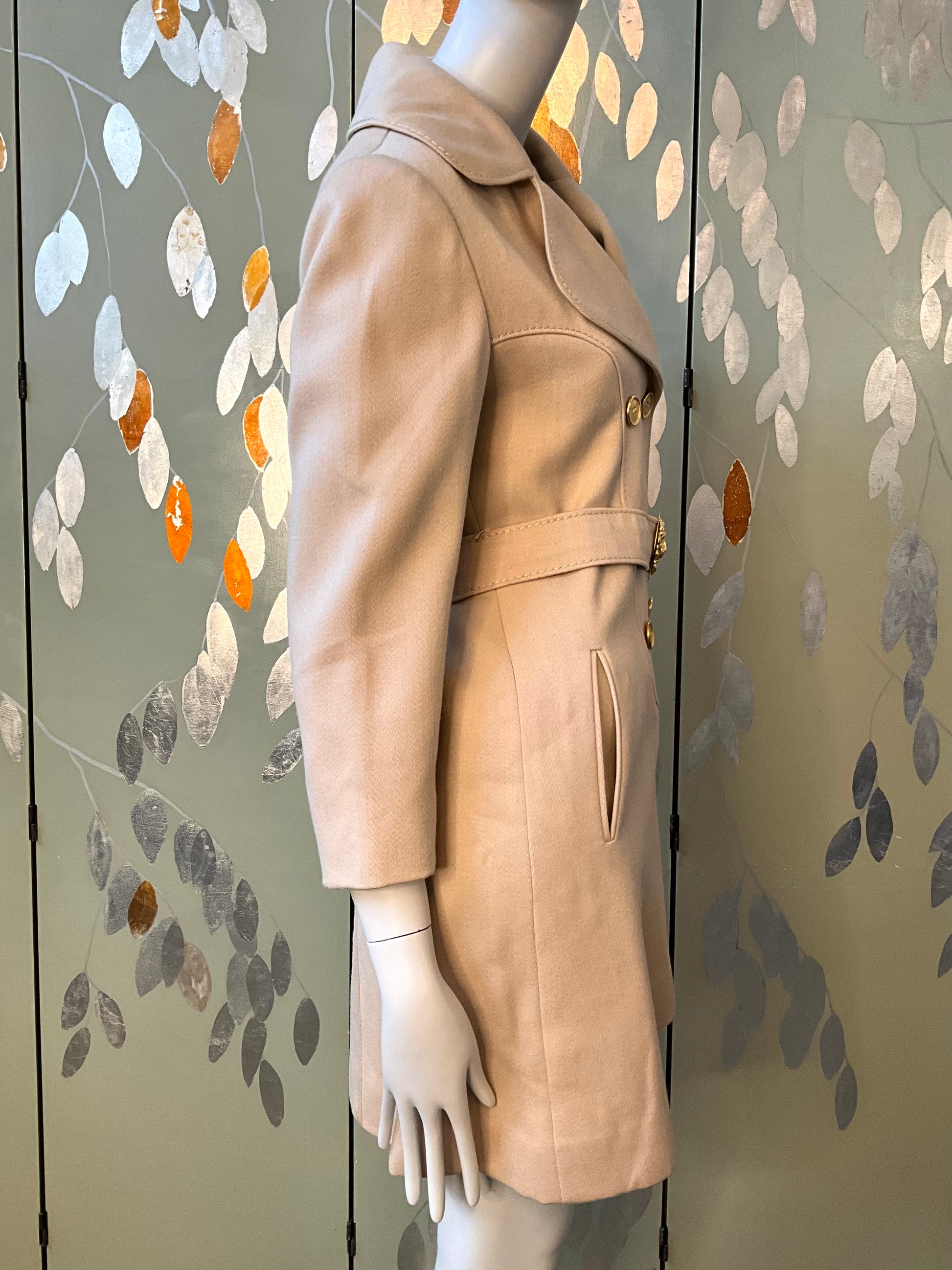 Vintage 1970s Beige Wool Double Breast Pea Coat with Gold Lion Head Belt, XS/S