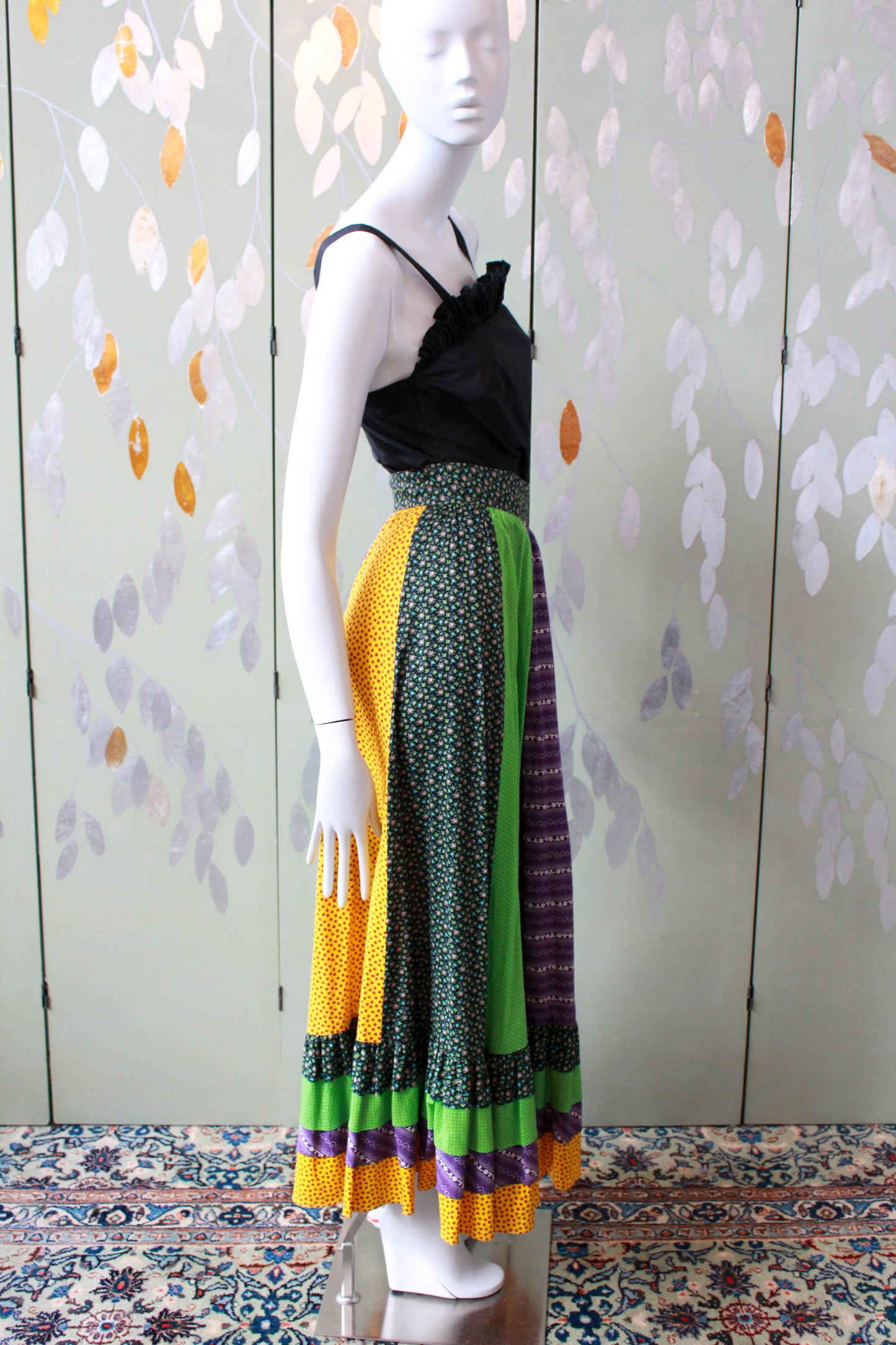 1970s patchwork floral print polka dot maxi skirt prairie skirt with ruffle hem, tie waist