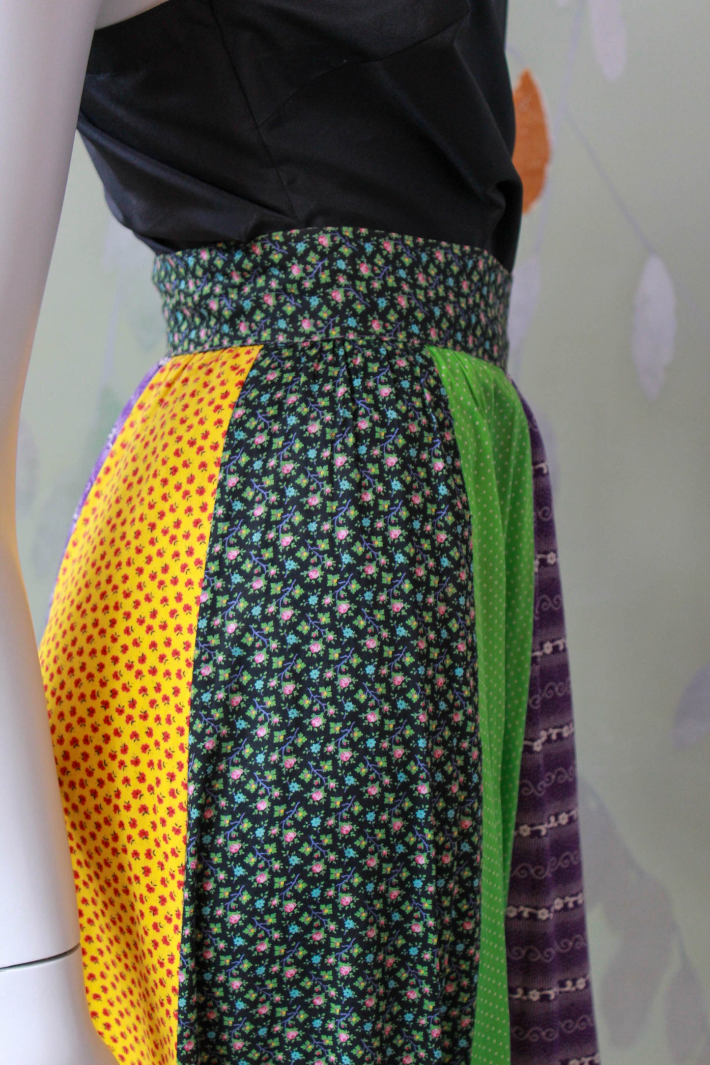 1970s patchwork floral print polka dot maxi skirt prairie skirt with ruffle hem, tie waist