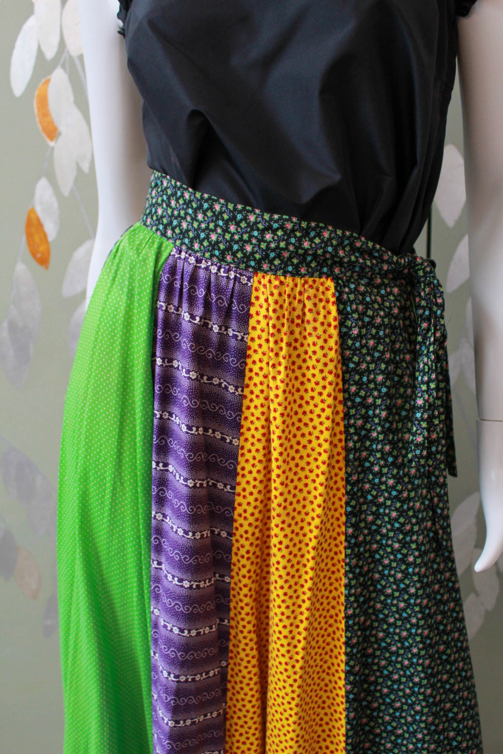 1970s patchwork floral print polka dot maxi skirt prairie skirt with ruffle hem, tie waist