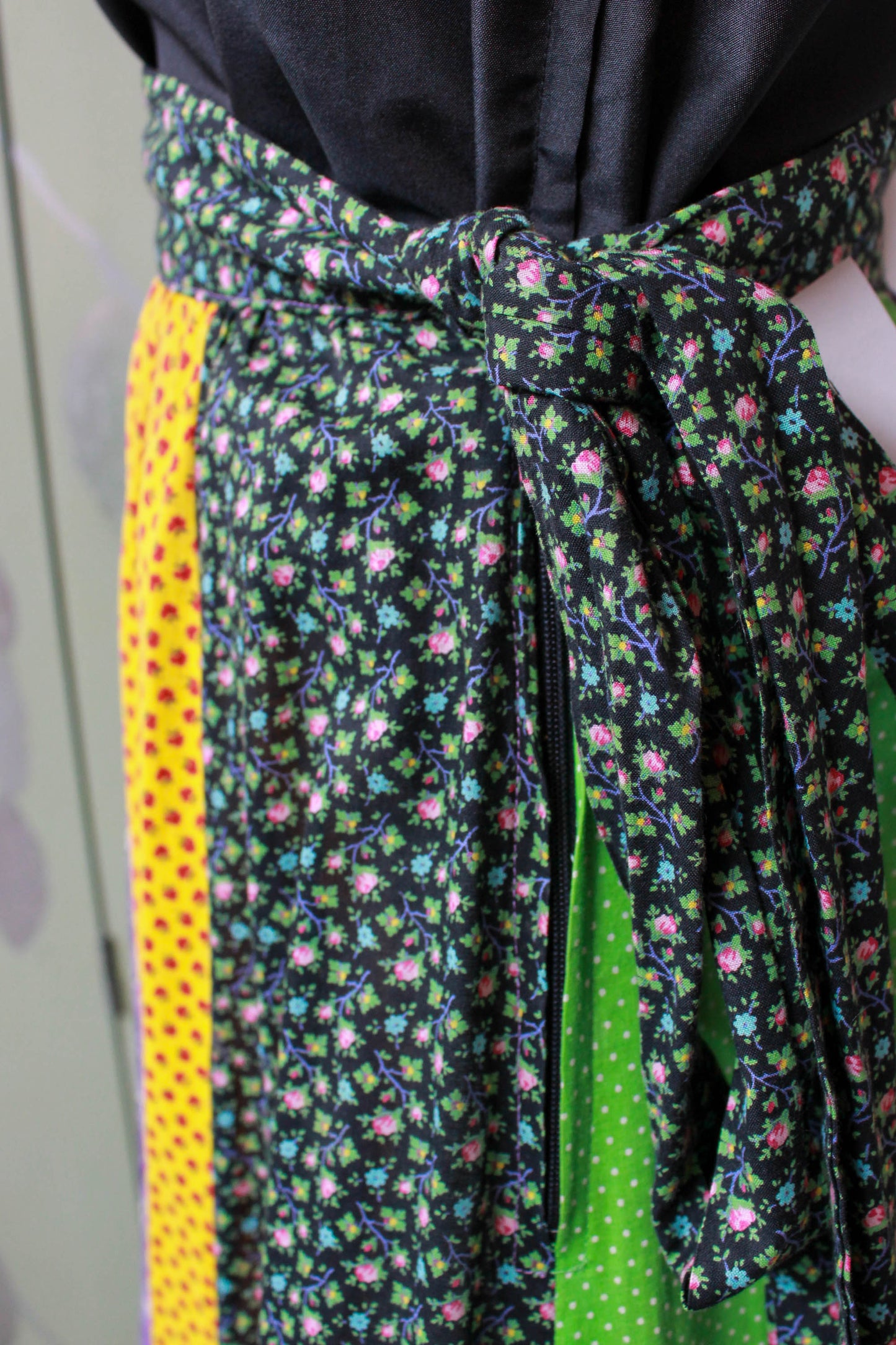 1970s patchwork floral print polka dot maxi skirt prairie skirt with ruffle hem, tie waist