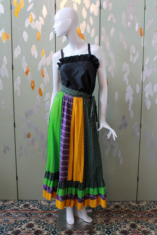 1970s patchwork floral print polka dot maxi skirt prairie skirt with ruffle hem, tie waist