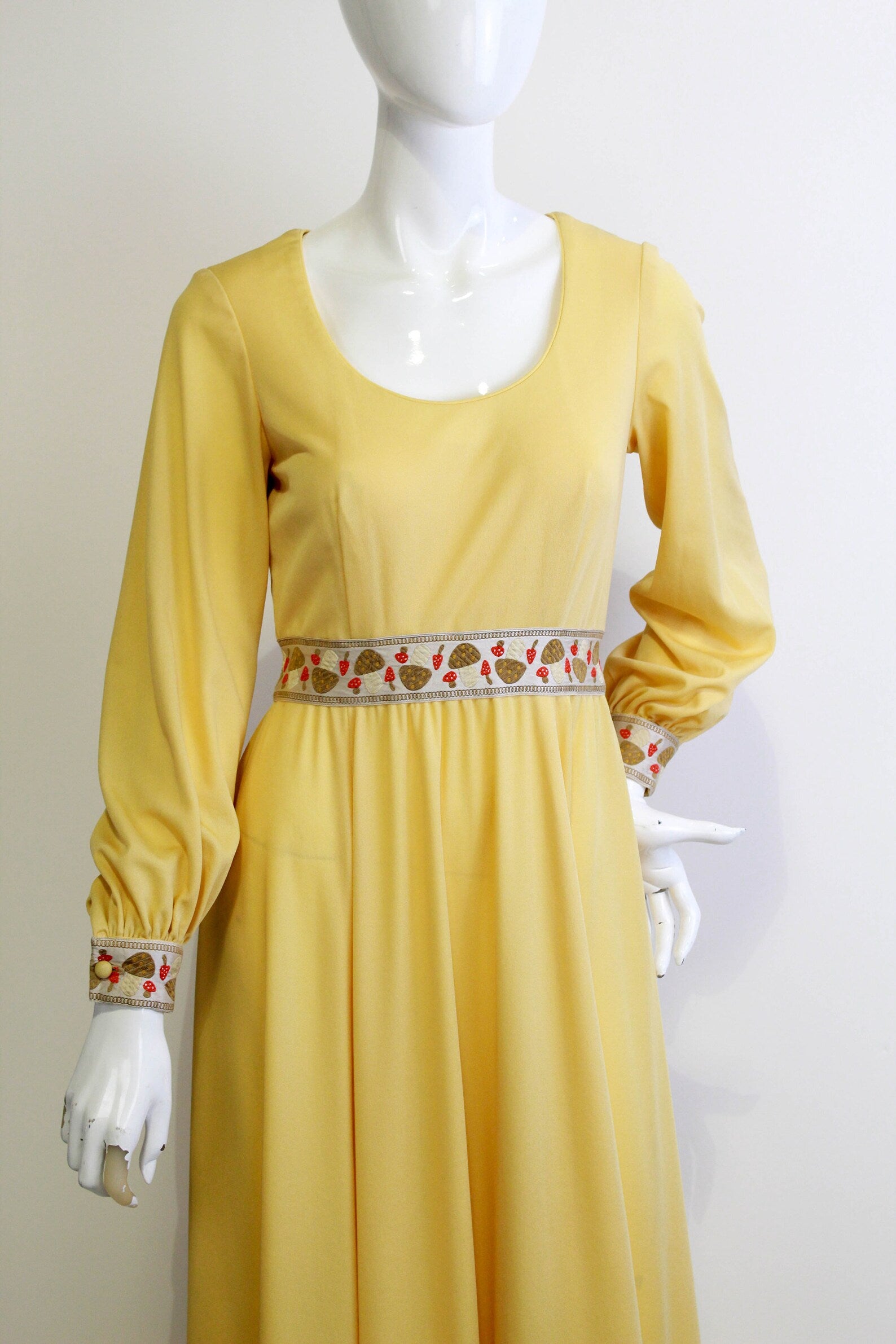 1970s Julie MIller of California Yellow Maxi Dress with Long Puffed Sleeves, Mushroom Embroidered Waist and Cuffs