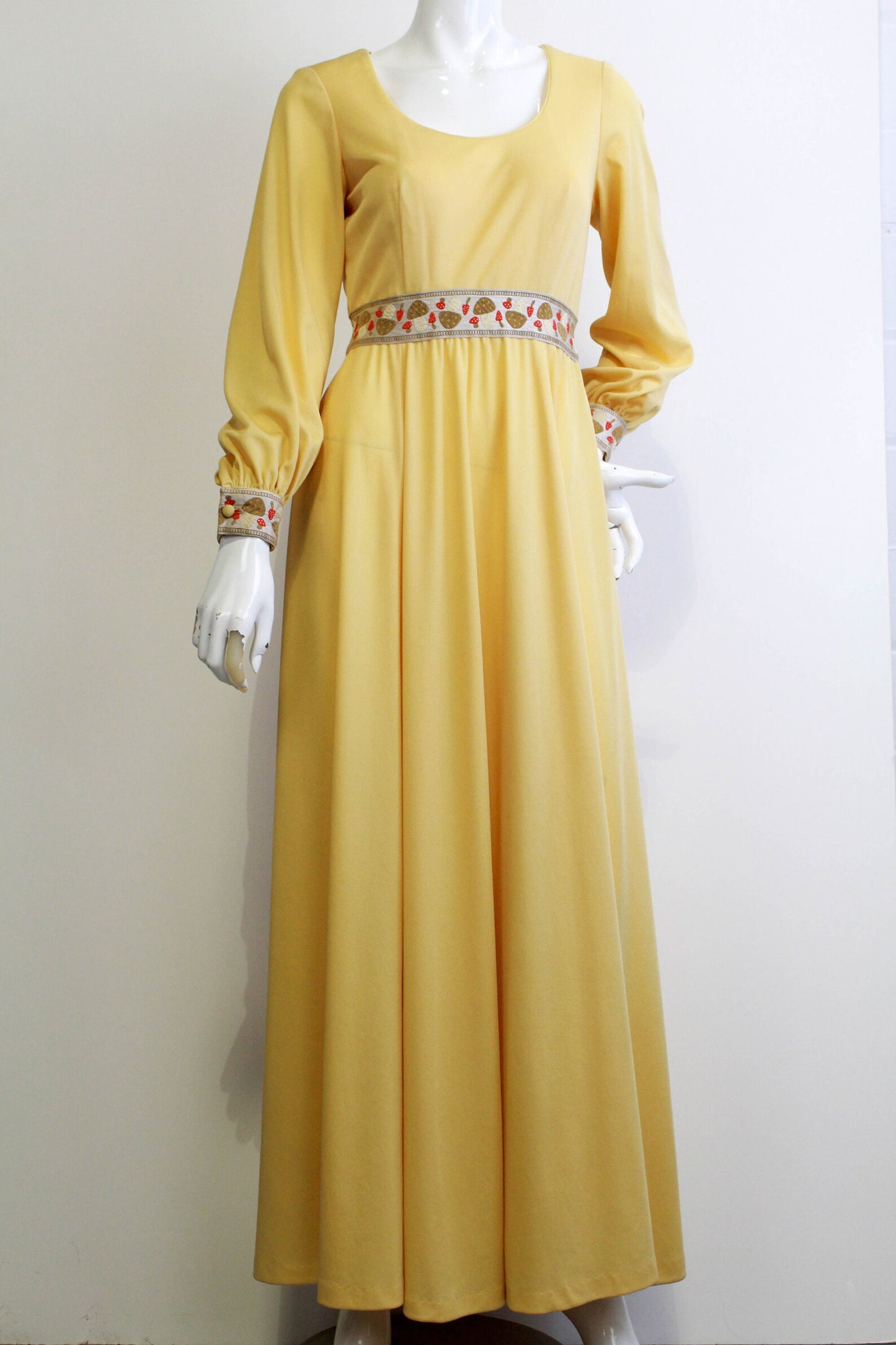 1970s Julie MIller of California Yellow Maxi Dress with Long Puffed Sleeves, Mushroom Embroidered Waist and Cuffs