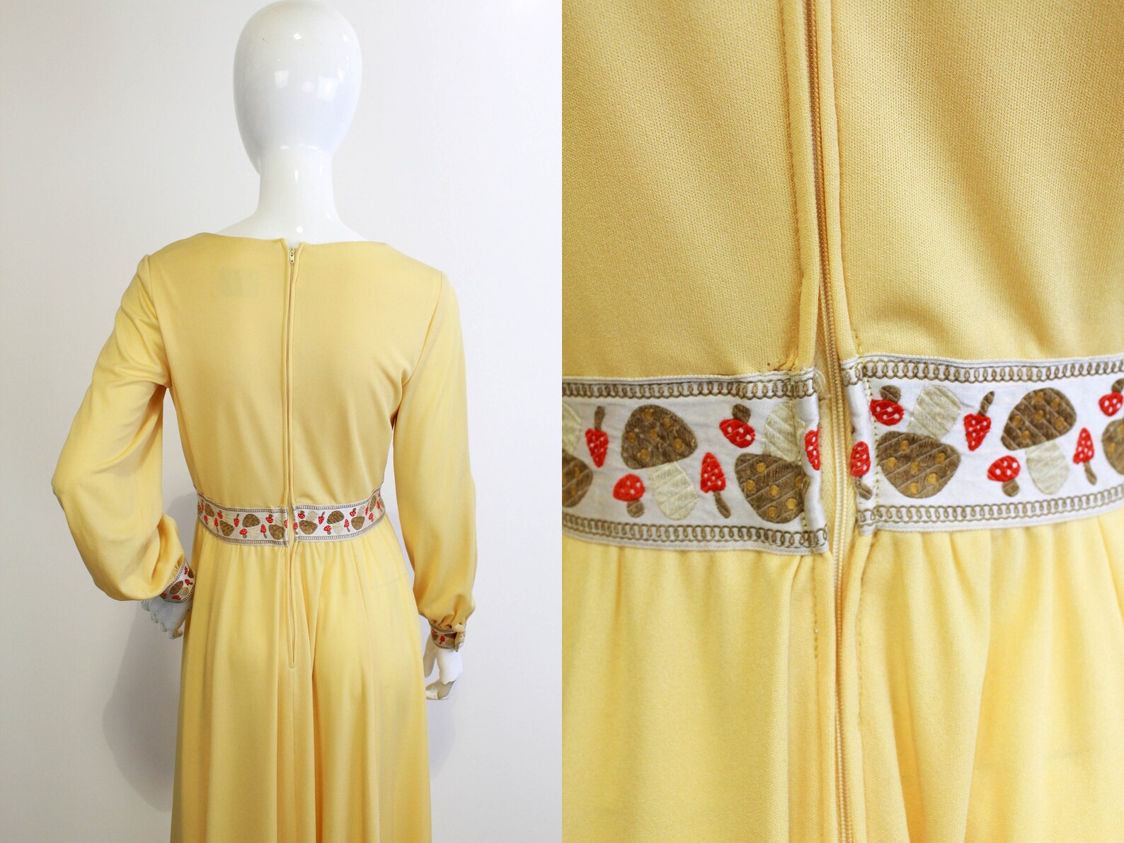 1970s Julie MIller of California Yellow Maxi Dress with Long Puffed Sleeves, Mushroom Embroidered Waist and Cuffs1970s Julie MIller of California Yellow Maxi Dress with Long Puffed Sleeves, Mushroom Embroidered Waist and Cuffs
