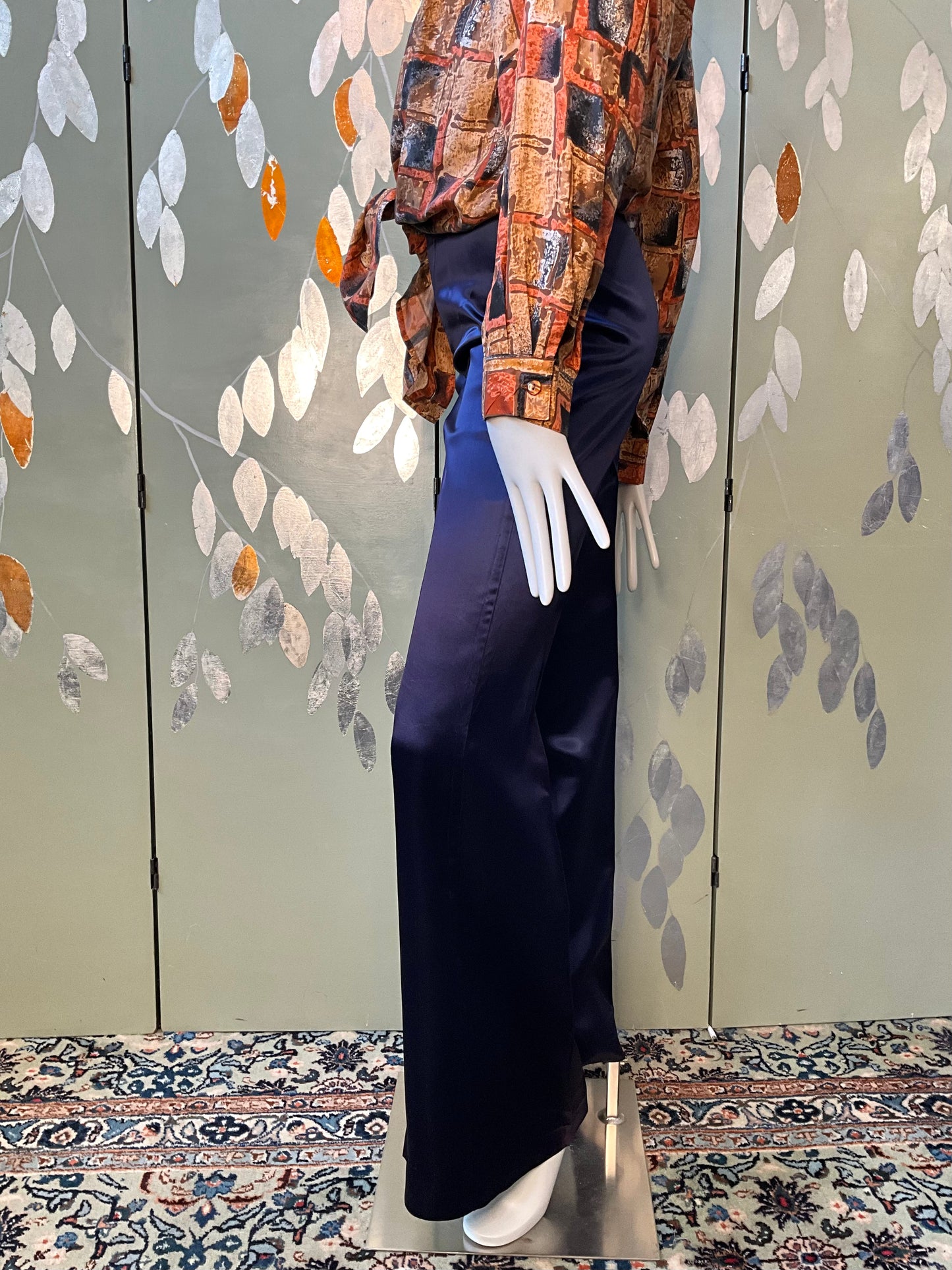 Vintage 1970s Navy Blue High Waist Wide Leg Satin Trousers, XS