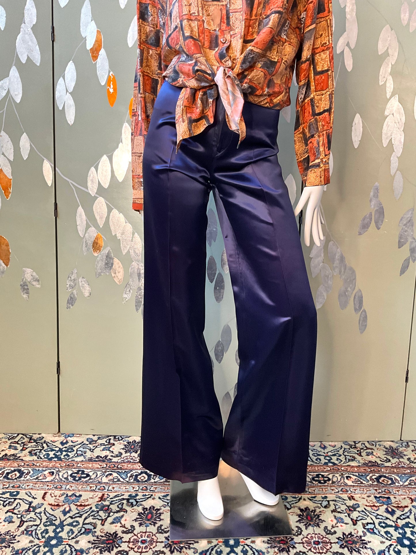 Vintage 1970s Navy Blue High Waist Wide Leg Satin Trousers, XS