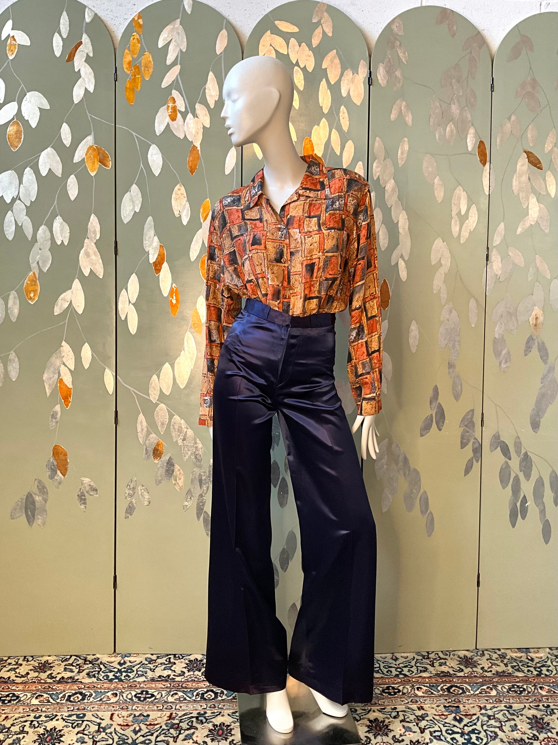 Vintage 1970s Navy Blue High Waist Wide Leg Satin Trousers, XS