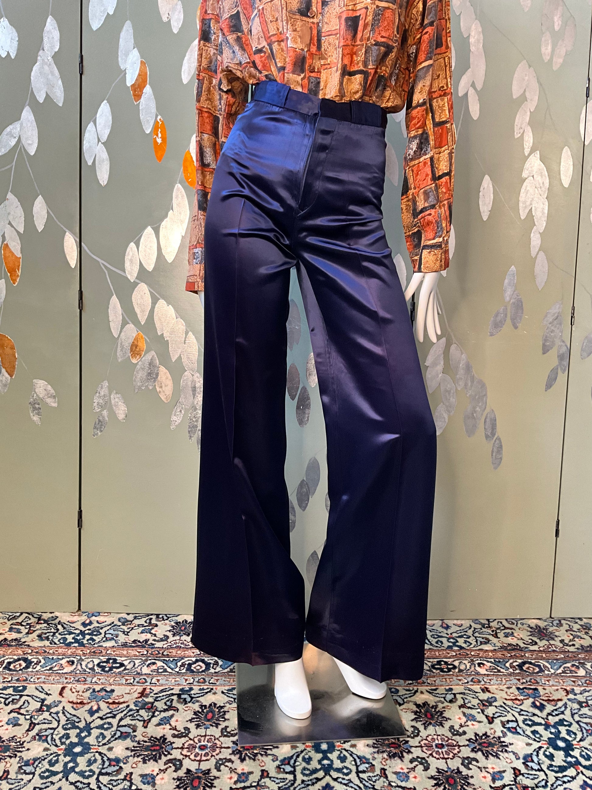Vintage 1970s Navy Blue High Waist Wide Leg Satin Trousers, XS