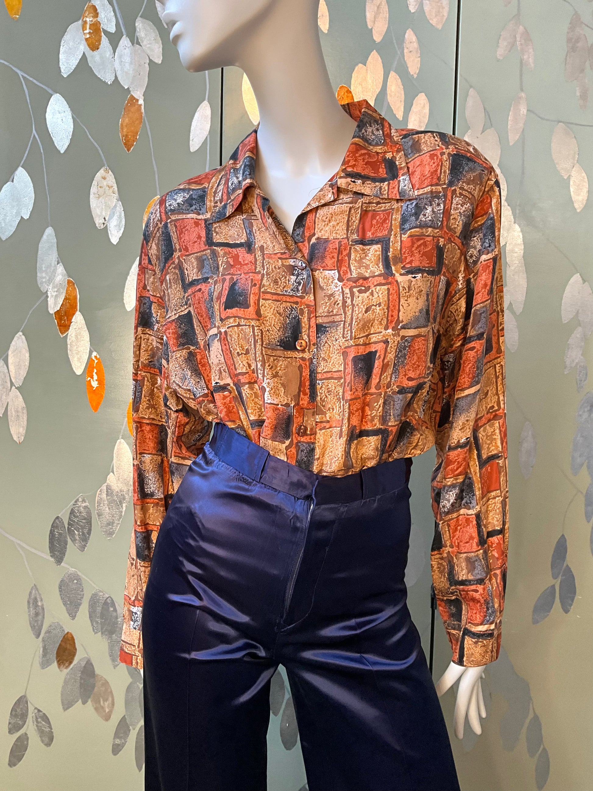 Vintage 1970s Navy Blue High Waist Wide Leg Satin Trousers, XS