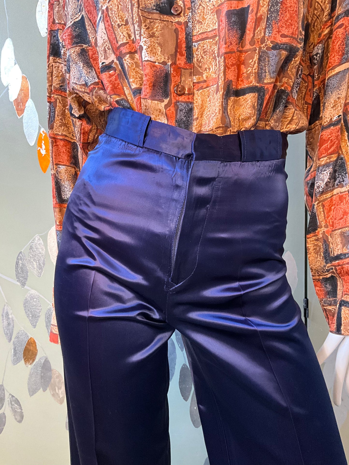 Vintage 1970s Navy Blue High Waist Wide Leg Satin Trousers, XS