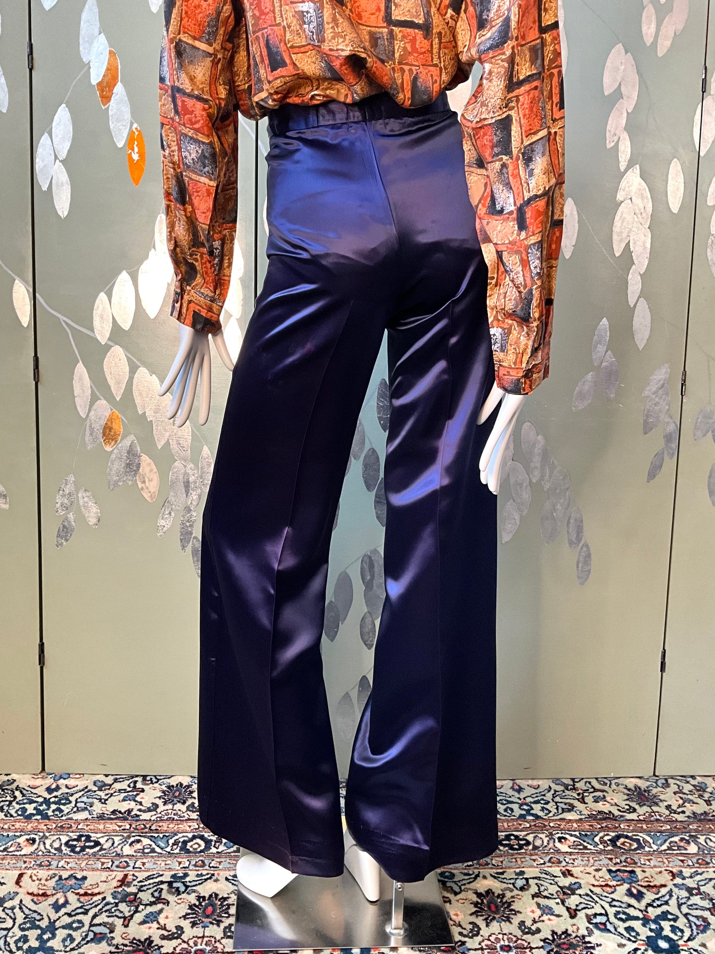 Vintage 1970s Navy Blue High Waist Wide Leg Satin Trousers, XS