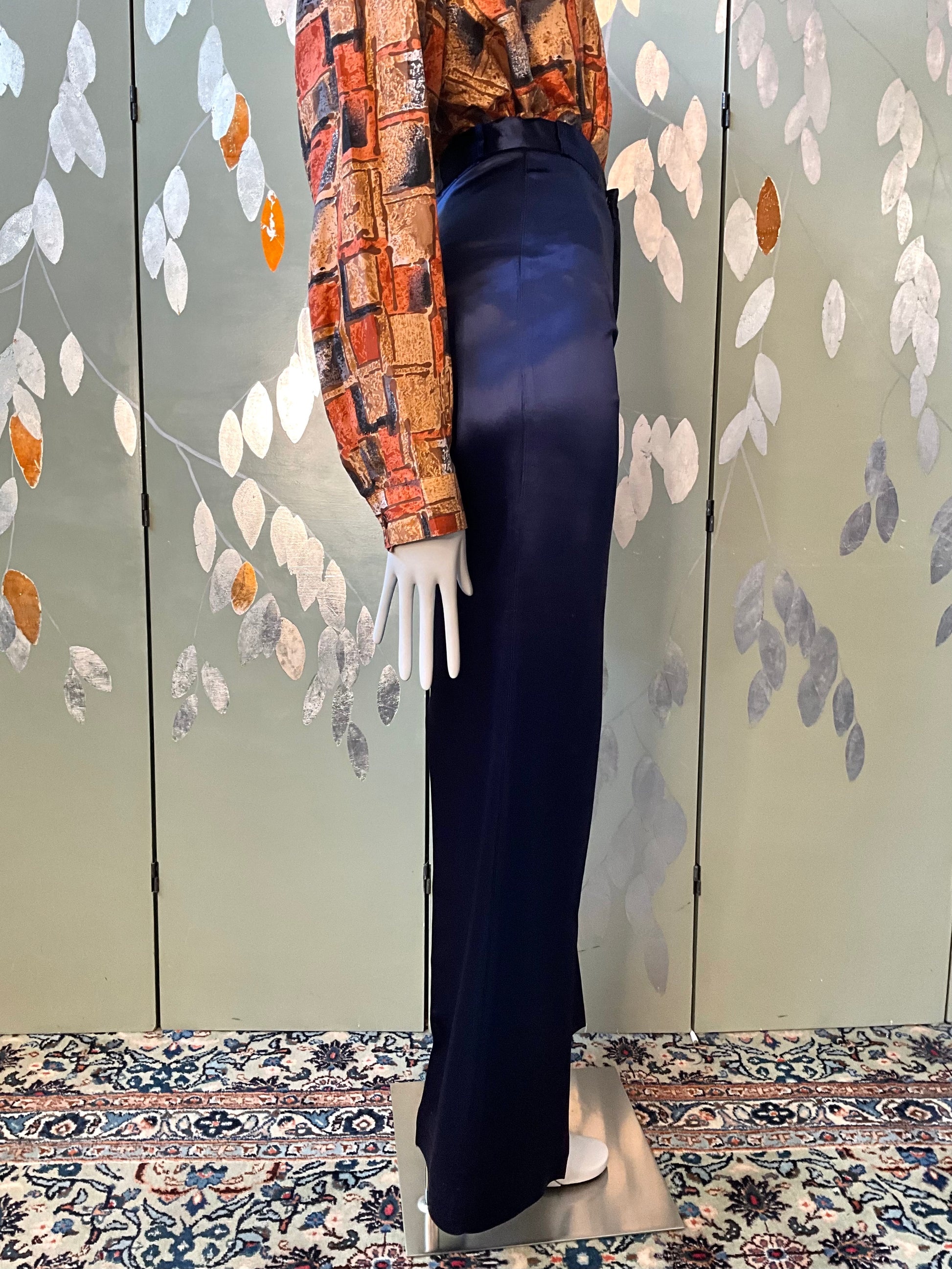 Vintage 1970s Navy Blue High Waist Wide Leg Satin Trousers, XS