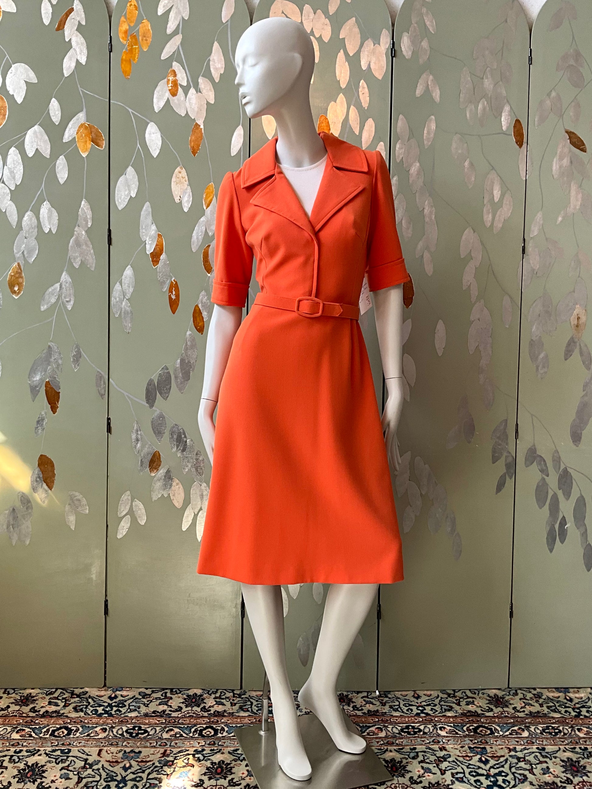 Reproduction 1970s Orange Short Sleeve Shirt Dress with Belt, Small 