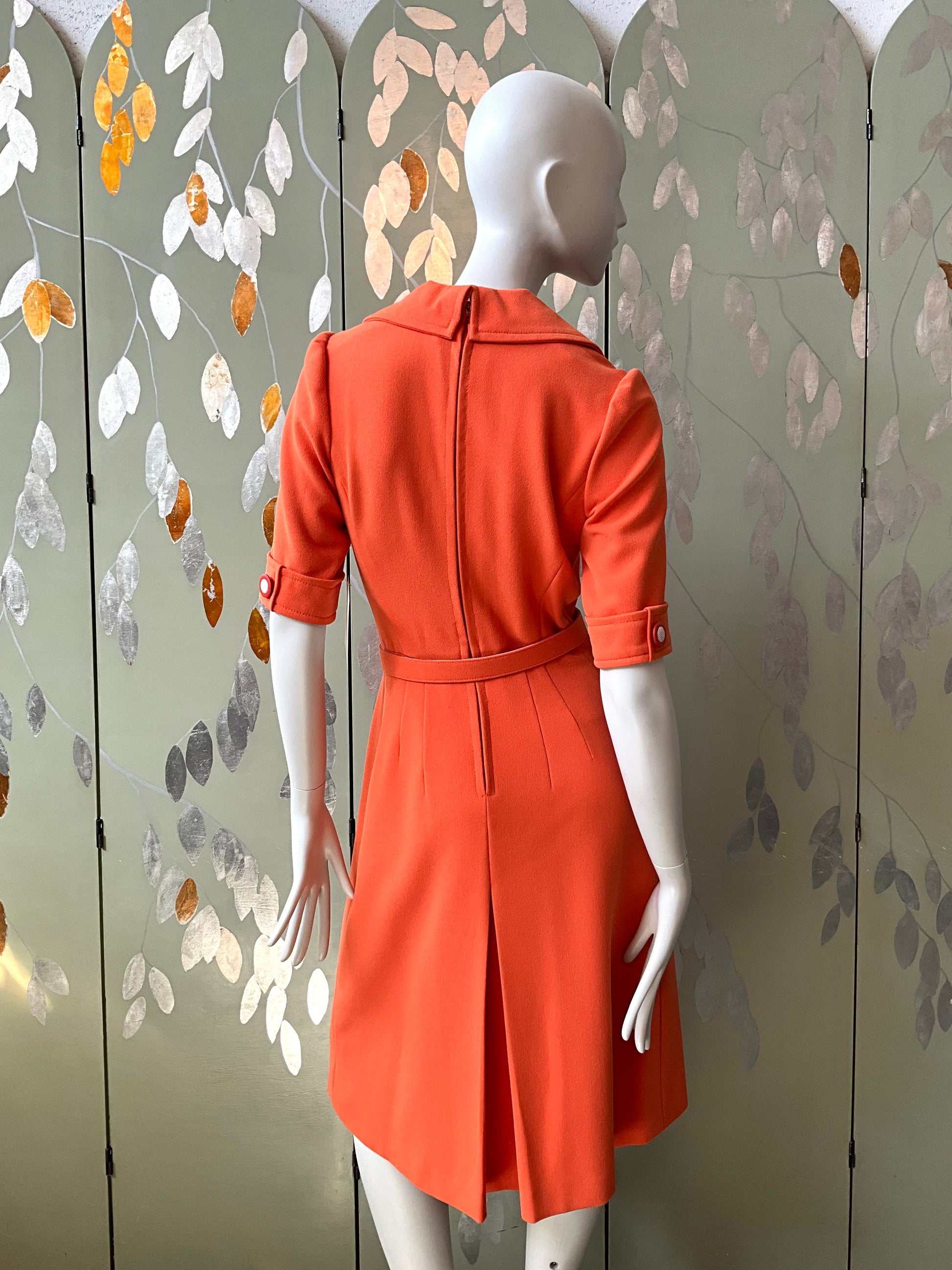 Reproduction 1970s Orange Short Sleeve Shirt Dress with Belt, Small 