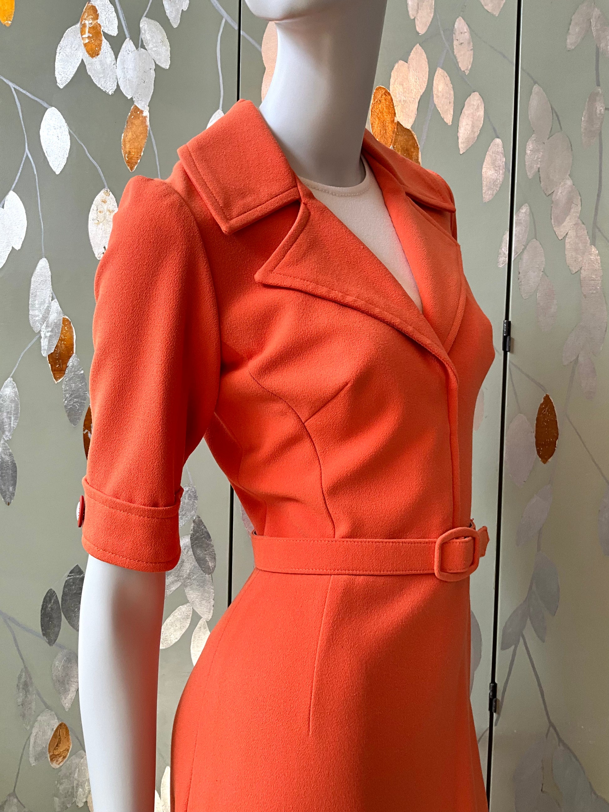 Reproduction 1970s Orange Short Sleeve Shirt Dress with Belt, Small 