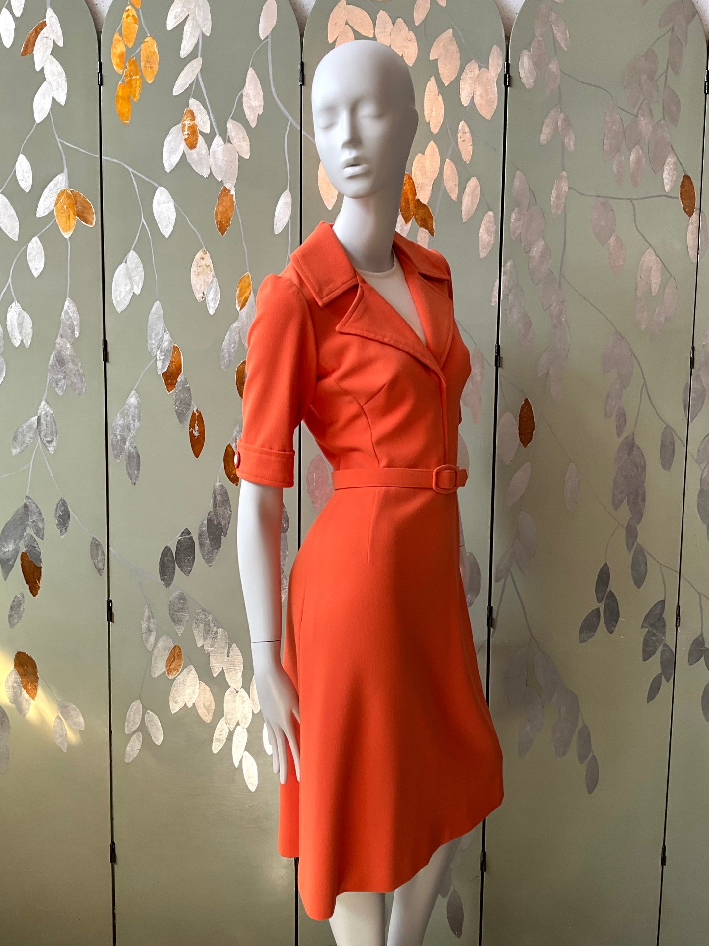 Reproduction 1970s Orange Short Sleeve Shirt Dress with Belt, Small 