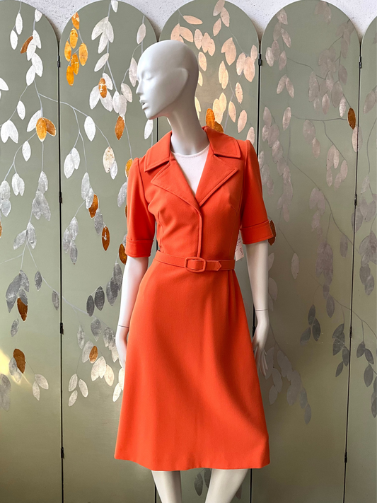 Reproduction 1970s Orange Short Sleeve Shirt Dress with Belt, Small 