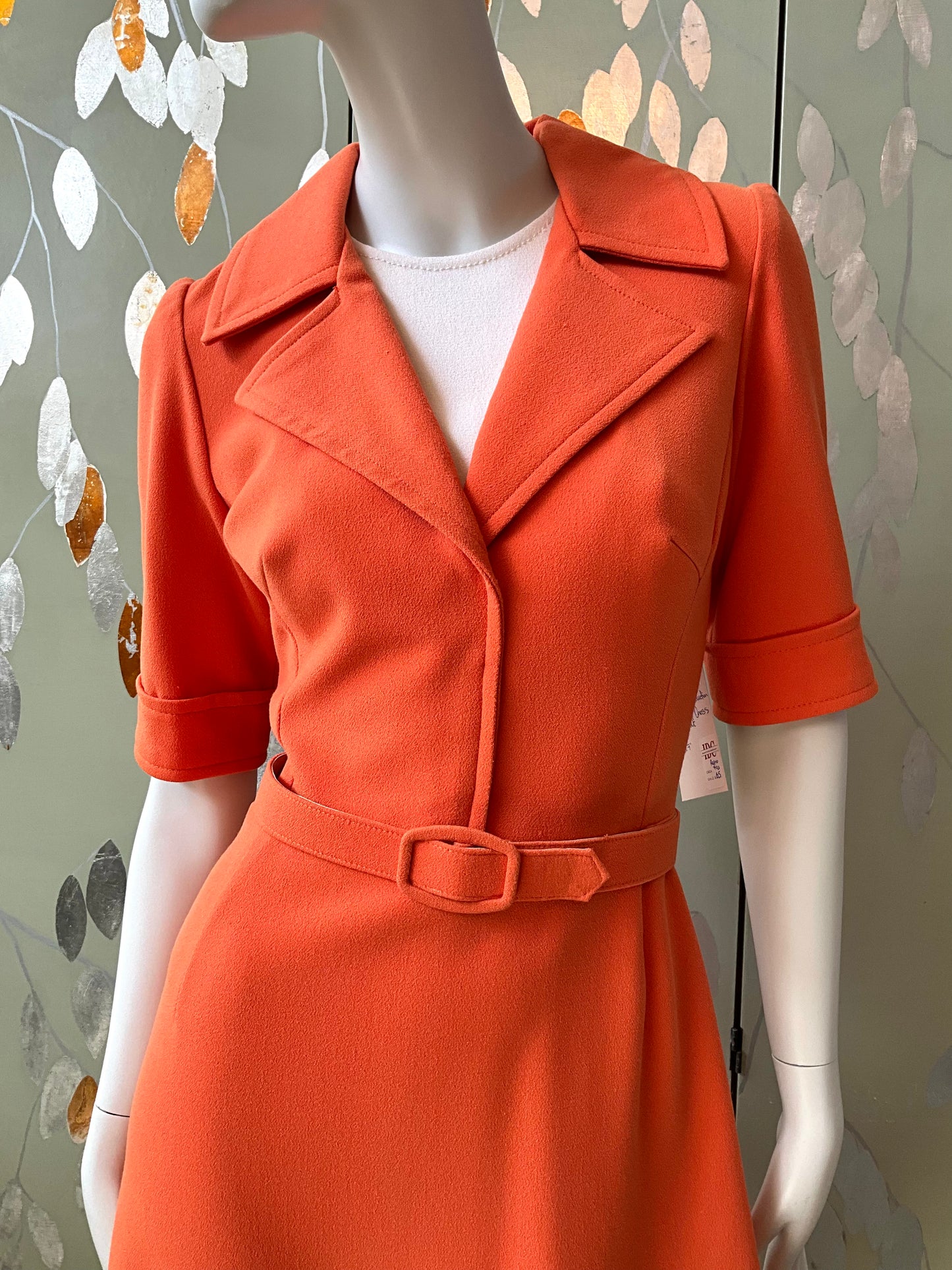 Reproduction 1970s Orange Short Sleeve Shirt Dress with Belt, Small 