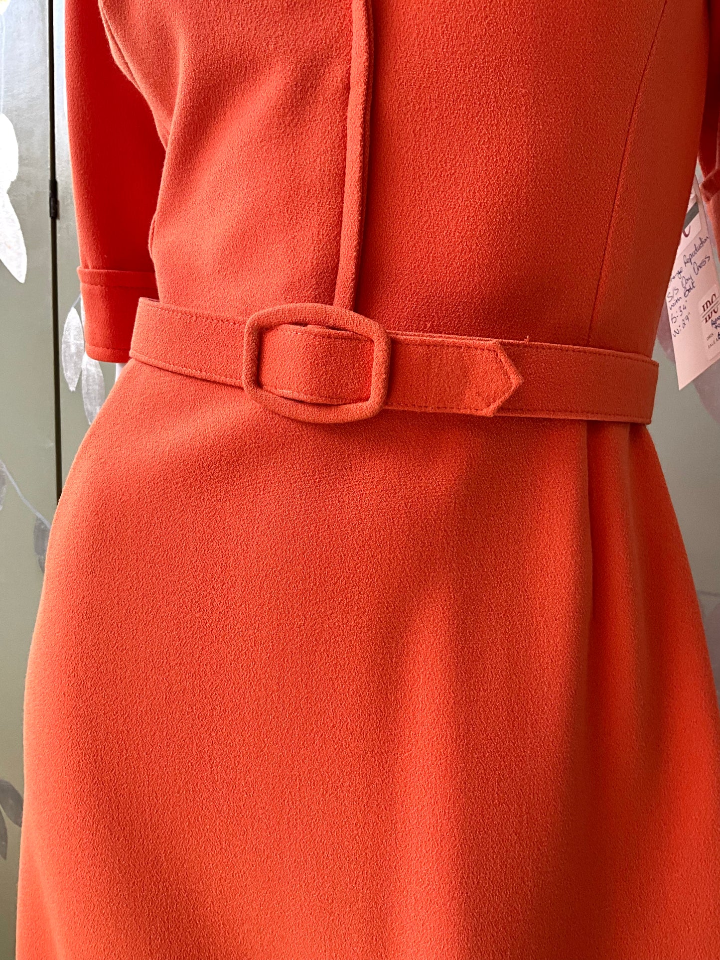 Reproduction 1970s Orange Short Sleeve Shirt Dress with Belt, Small 