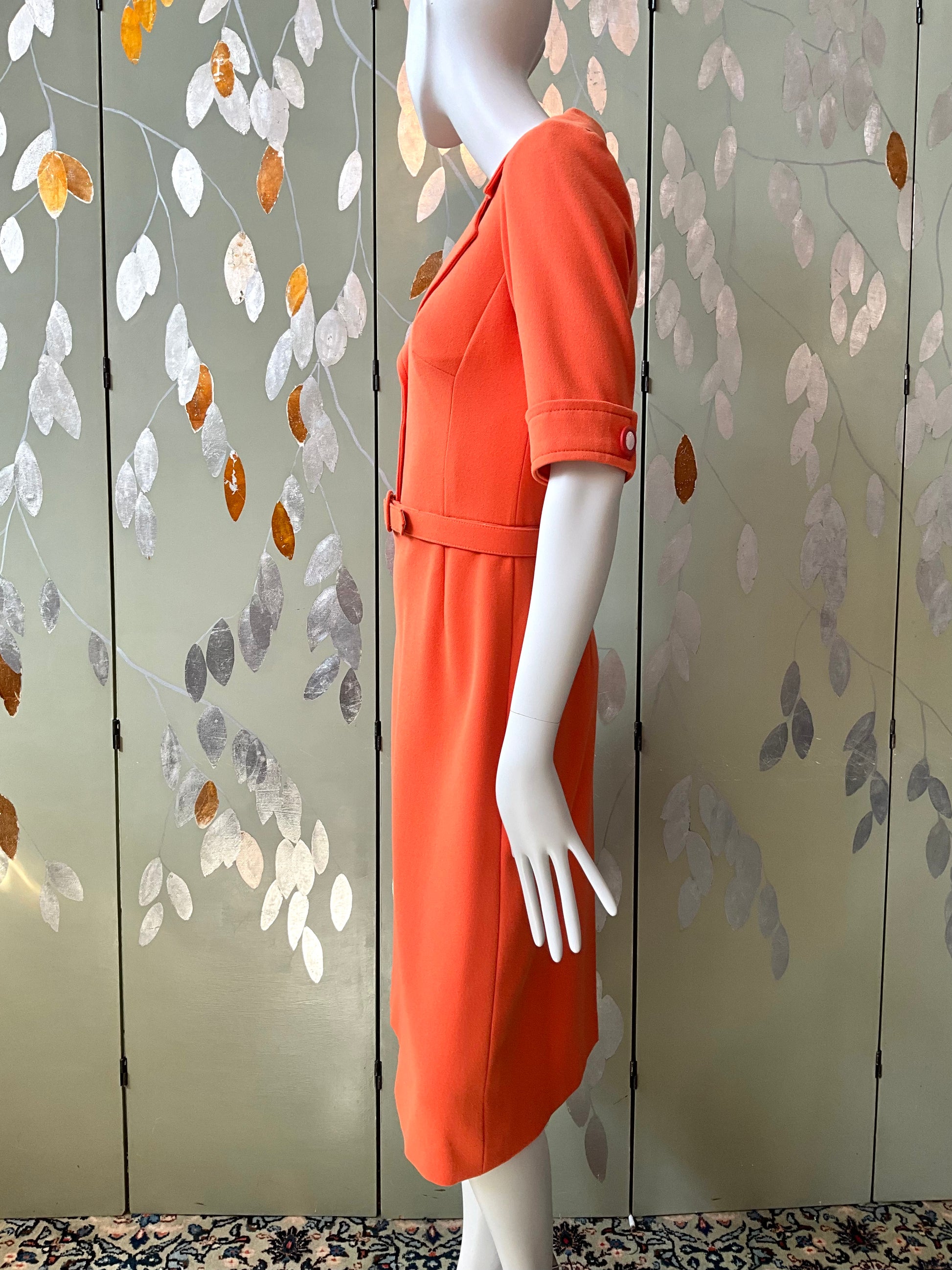 Reproduction 1970s Orange Short Sleeve Shirt Dress with Belt, Small 